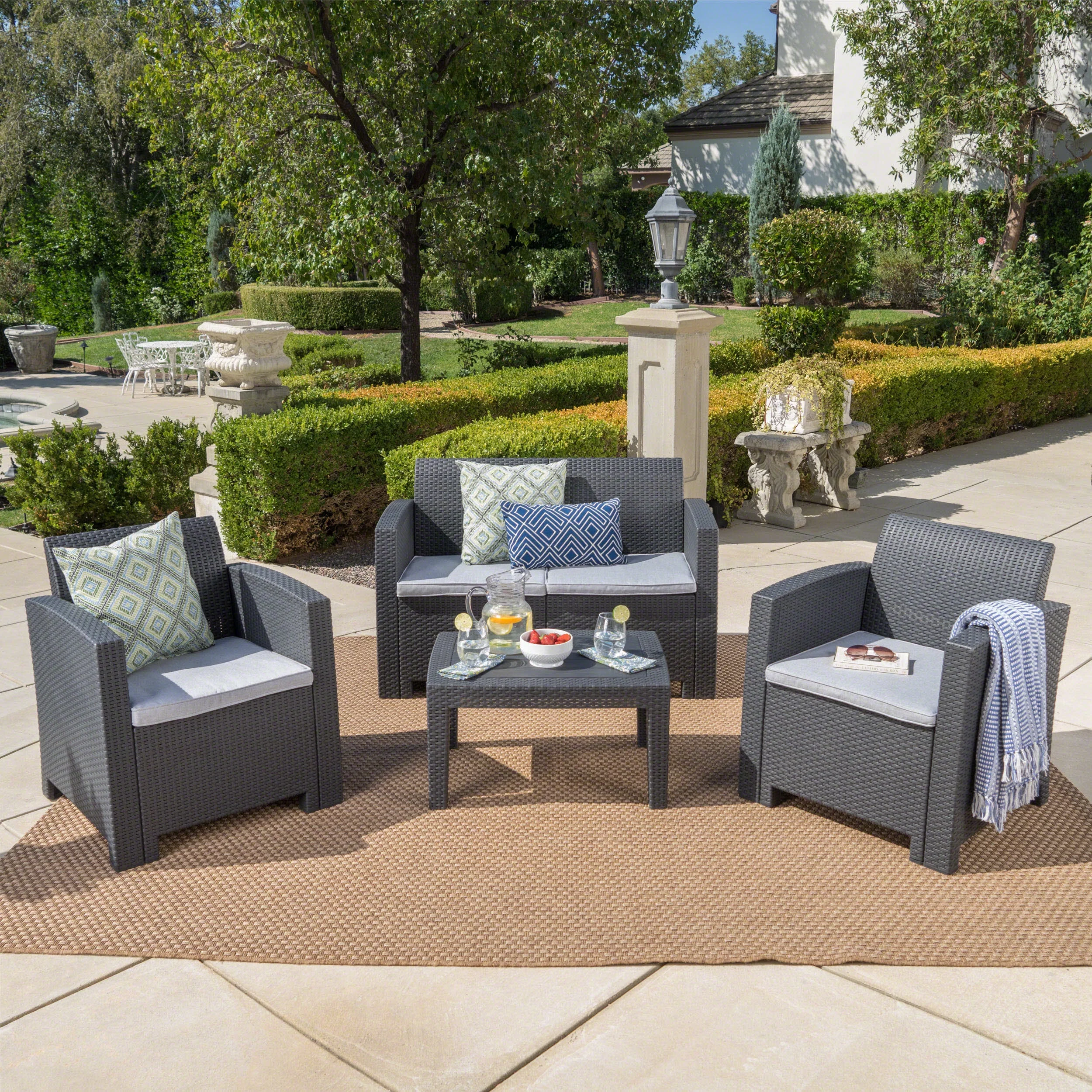 Outdoor 4 Piece Faux Wicker Rattan Style Chat Set with Cushions, Charcoal Light Grey