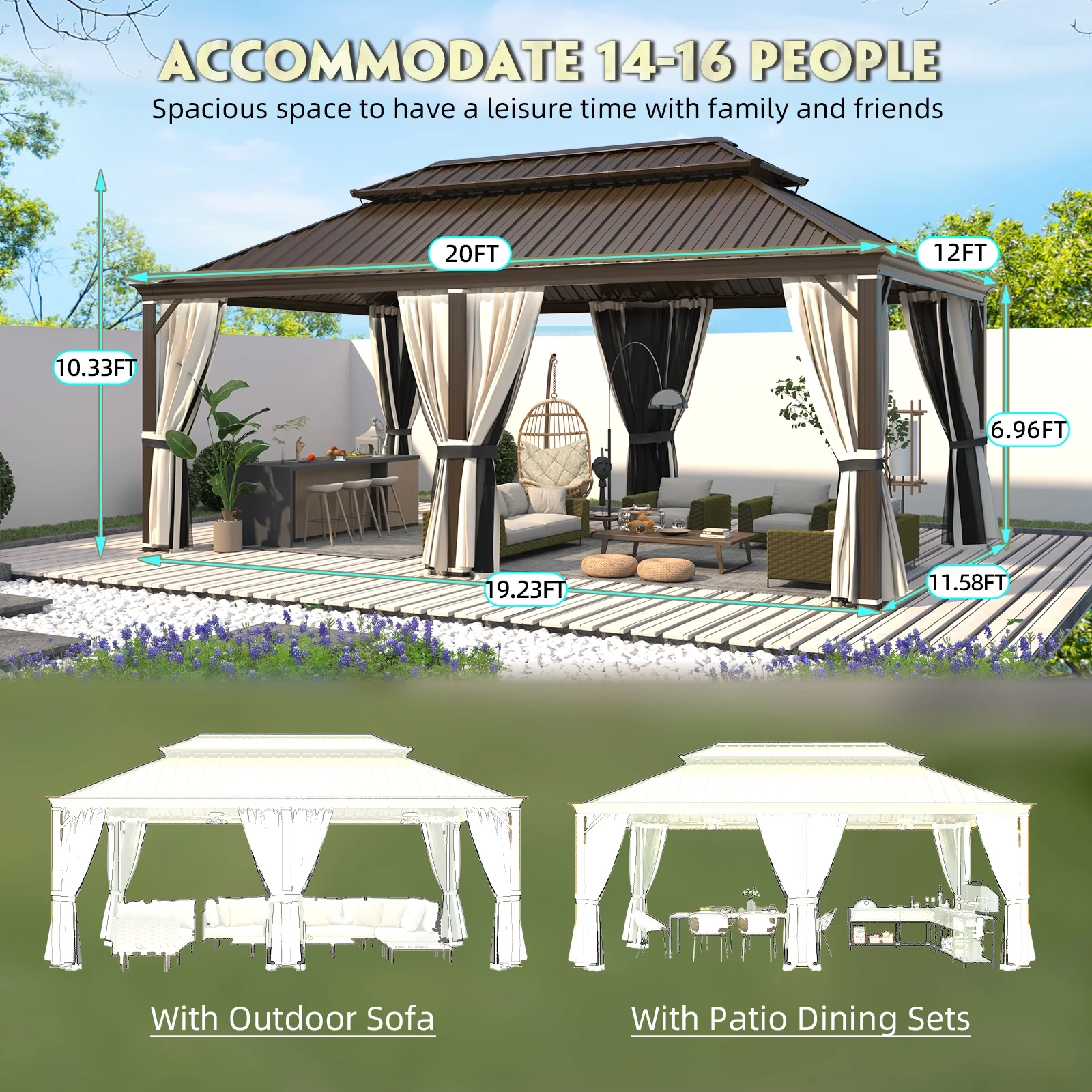 Richryce 12' X 20' Hardtop Gazebo Aluminum Frame Gazebo with Galvanized Steel Double Roof