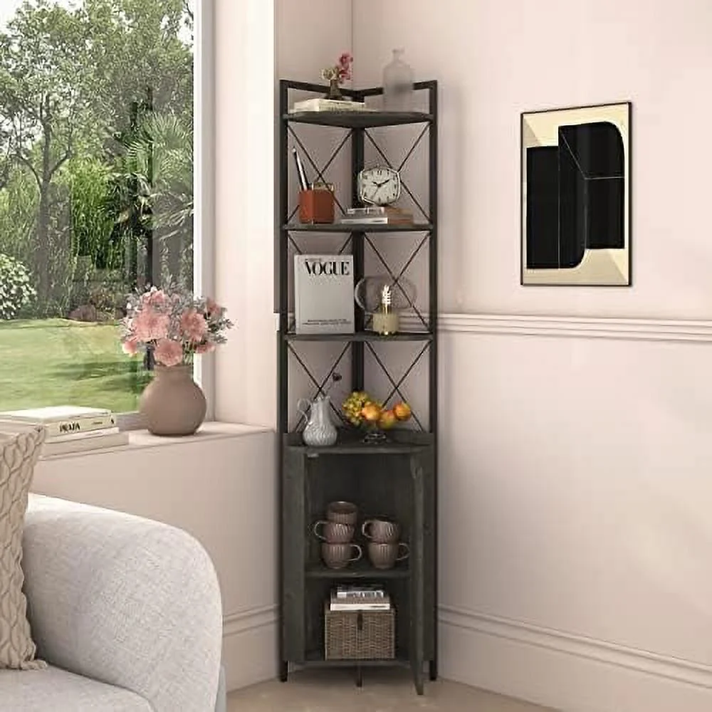 TJCGDTY 5-Tier Standing Corner  70.5" Tall Ladder Corner  Cabinet with Doors Rustic Display Rack Multipurpose Bookshelf Bookcase Plant Stand for Living Room  Bedroom (12.6x18.9x70.47i