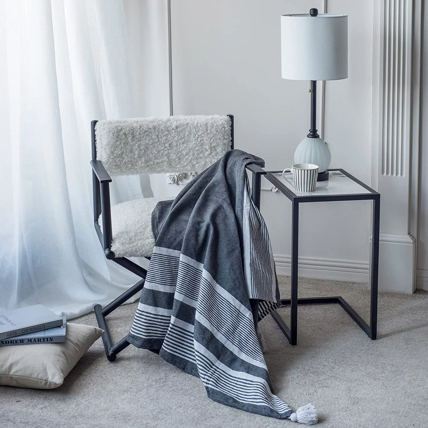 A&B Home Throw Blanket - Black and White Stripe Woven Cotton Blend Blanket, 50