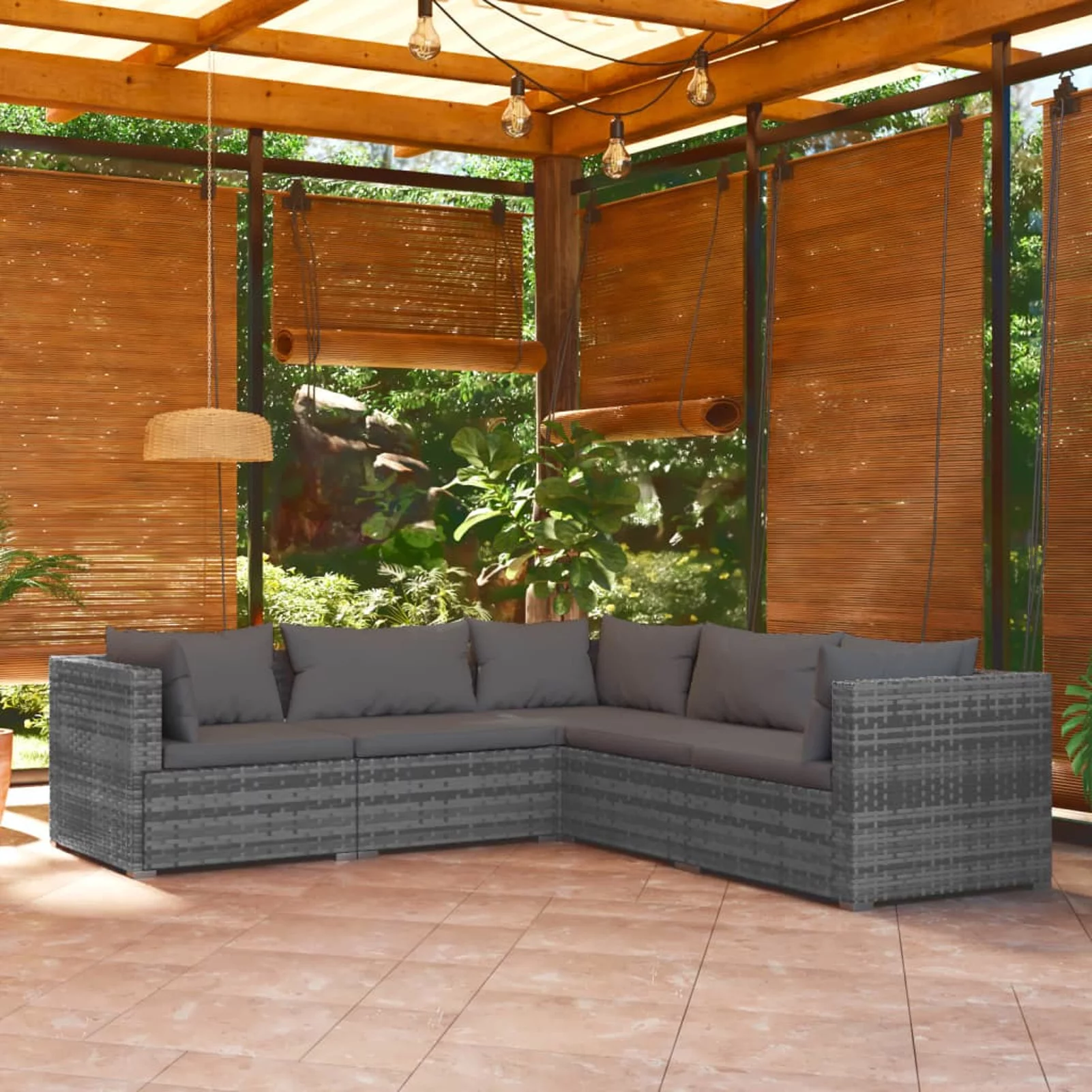 Anself 5 Piece Patio  Set Cushioned Conversation Sets Gray Poly Rattan Sectional  Furniture for Patio, Backyard, Balcony, Laawn