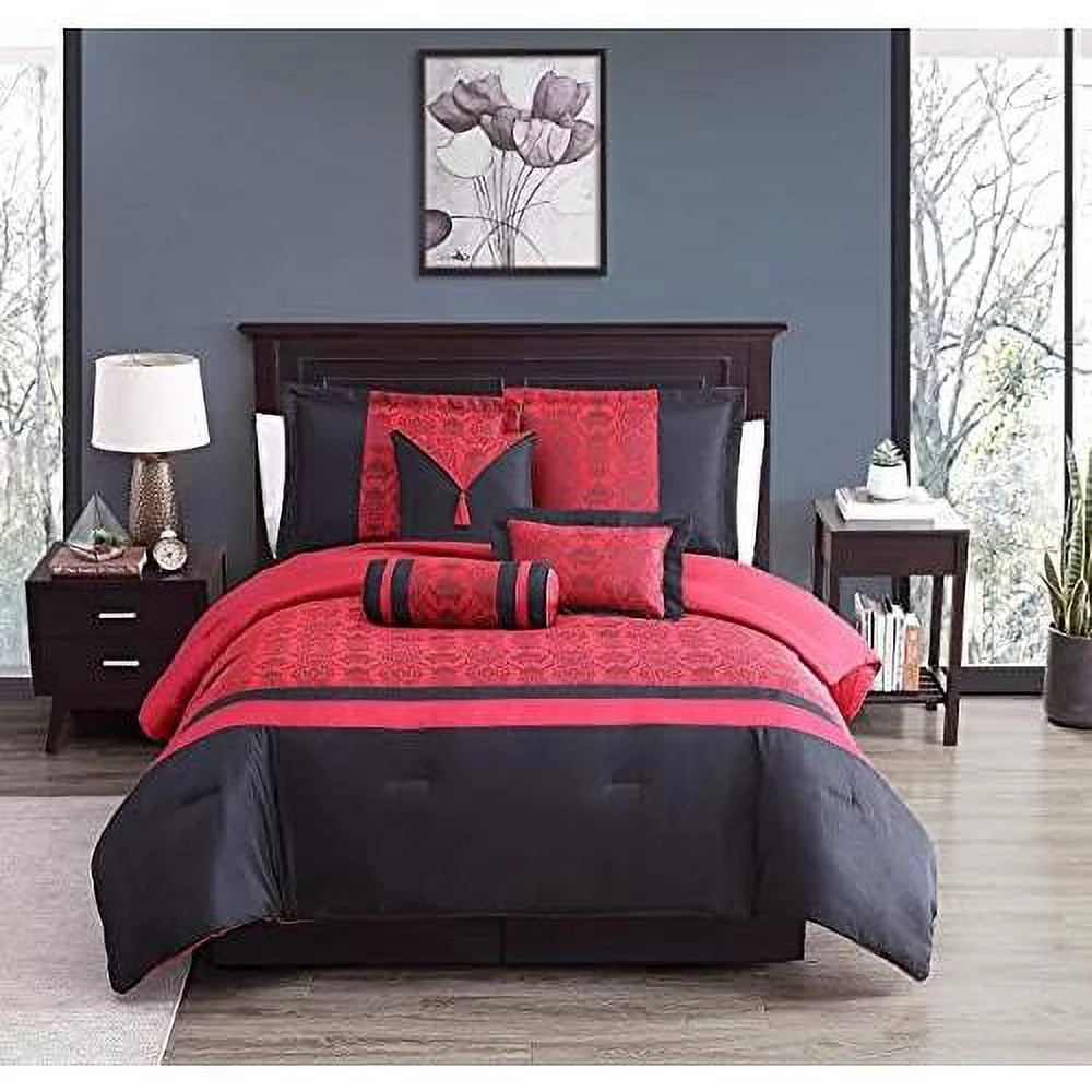 Dynasty Black Red Jacquard 7-Piece Comforter Set, King Size