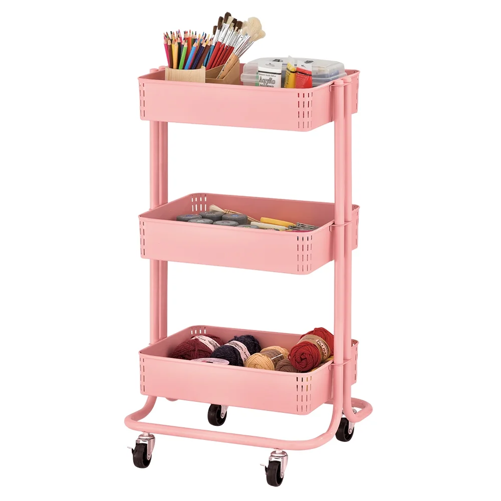 ECR4Kids 3-Tier Metal Rolling Utility Cart, Pink