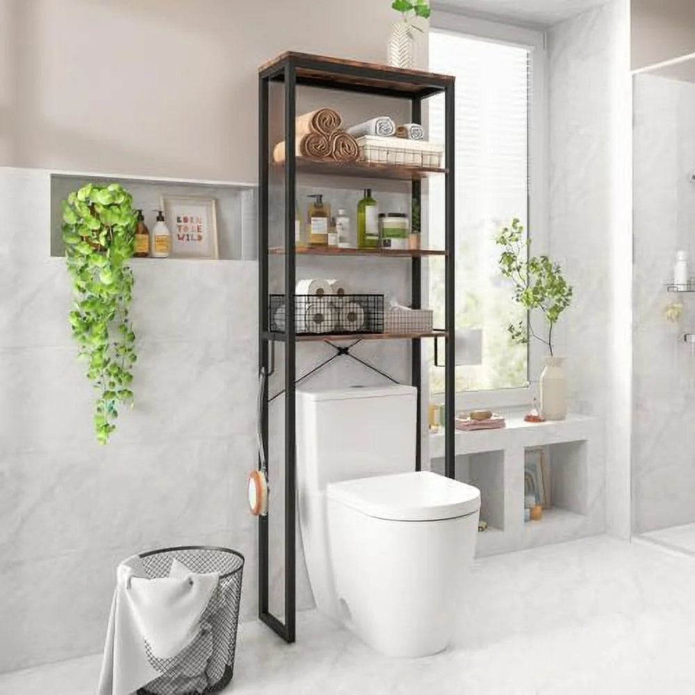 ZWBDJYC Over The Toilet  Rack  70 Inch Tall Bathroom Space Saver w/Metal Frame  Anti-Tipping Devices & Adjustable Feet Pads  Freestanding Bathroom Organizer Above Toilet  Rustic Brown