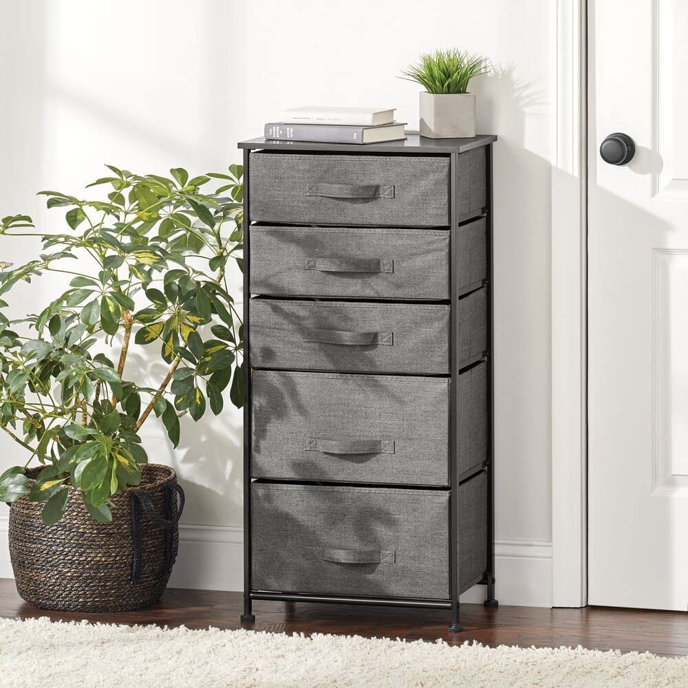 Storage Dresser Furniture Unit - Tall Standing Organizer Tower for Bedroom, Office, Living Room, and Closet - 5 Drawer Removable Fabric Bins - Charcoal Gray