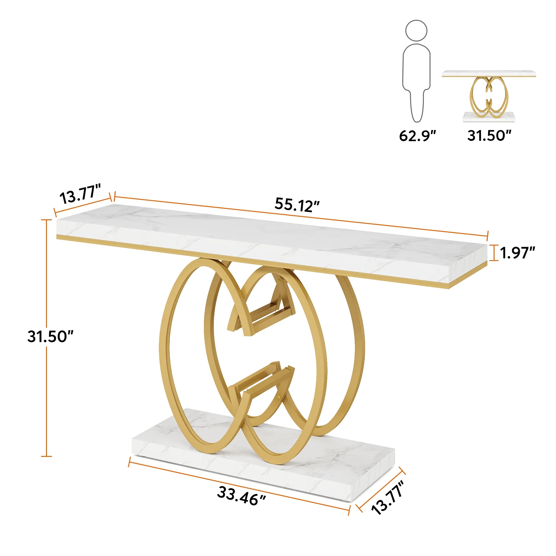 Tribesigns 55 Inch Console Table for Hallway, Faux Marble Gold Entryway Table with Geometric Metal Base, Modern Narrow Sofa Accent Table for Entrance, Living Room, Foyer