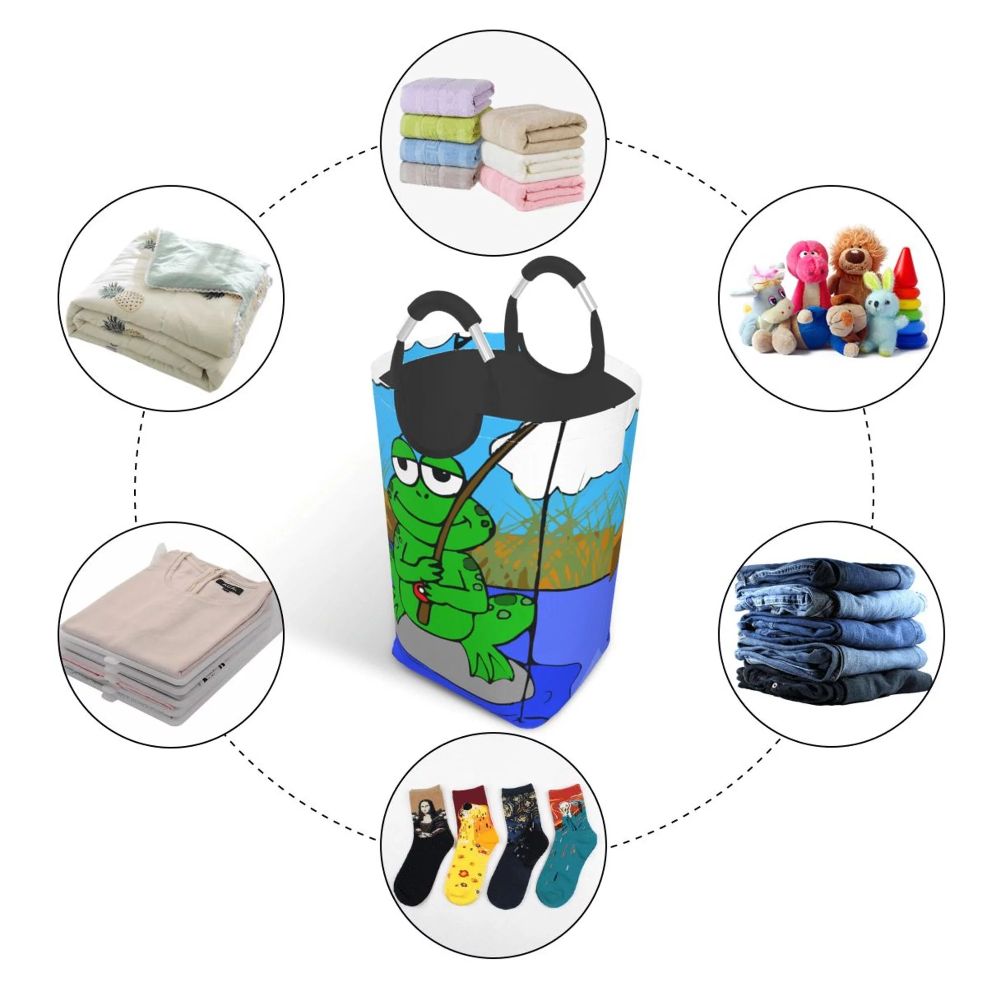 TEQUAN 50L Large Rectangular Laundry Hamper with Aluminum Handles, Cartoon Fishing Frog Prints Waterproof Foldable Dirty Clothes Basket