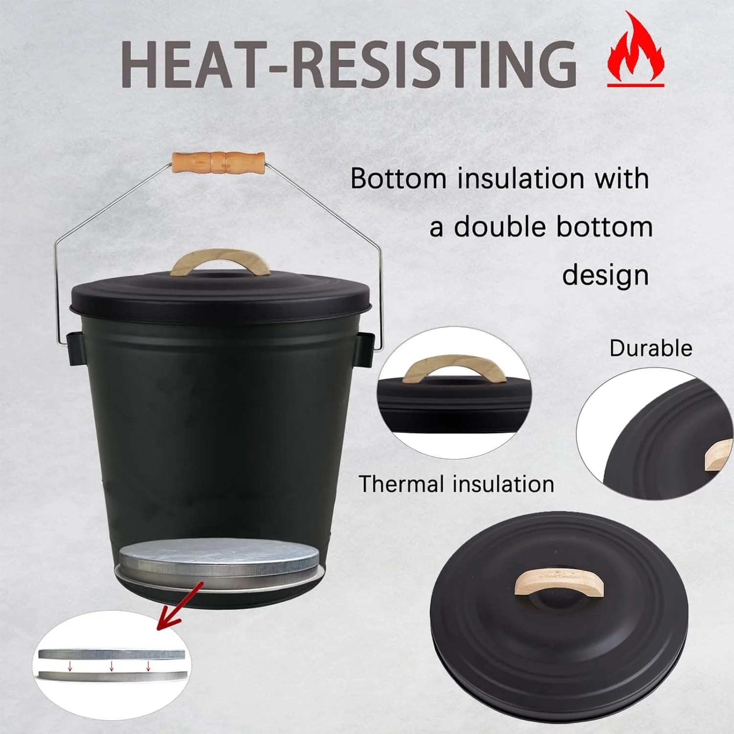 Ash Bucket With Lid And Shovel, Hand Broom And Gloves, 5.2 Gallon Large Metal Ash Bucket For Fireplace Tools Set, Fire Pits, Wood Burning Stoves, Indoor And Outdoor, Camping, Grill, Black