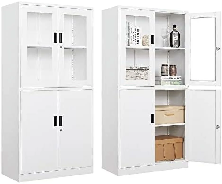 CHYUINJ Glass Display Cabinet Curio Cabinet with Glass Door and Adjustable Shelves  71" Tall Freestanding Steel Kitchen Pantry Cabinet Bookcase Metal Locker  Cabinet for Home  Living