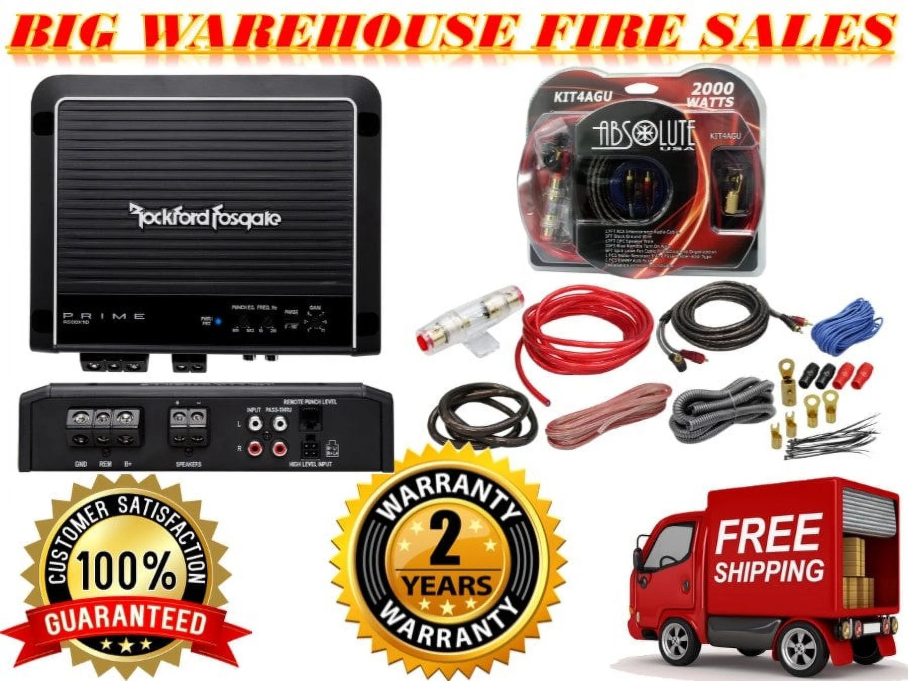 Rockford Fosgate Prime R500X1D 1-Channel Class D Car Mono Amplifier + 4G Amp Kit