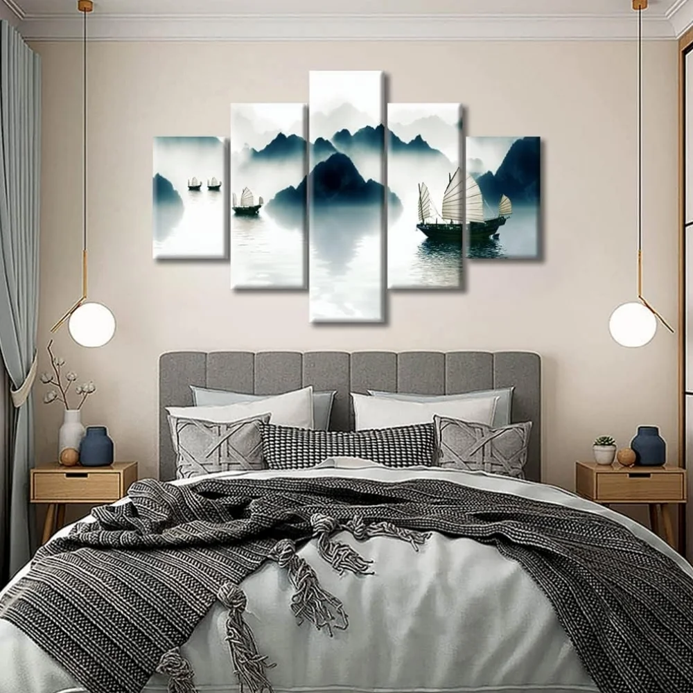 TISHIRON 5PCS Framed Watercolor Landscape Theme Canvas Wall Art Set,60