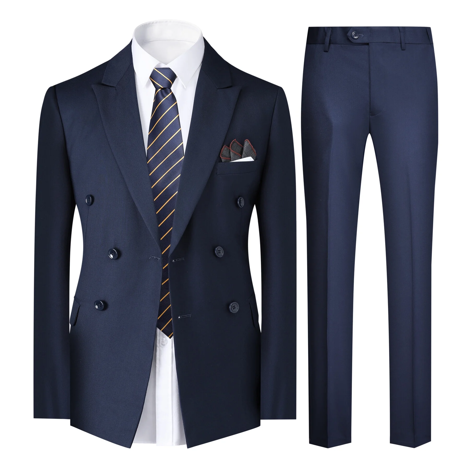 Cloudstyle Men's Business Solid Color Double-breasted Suit Two-piece Set with Black Pocket Square