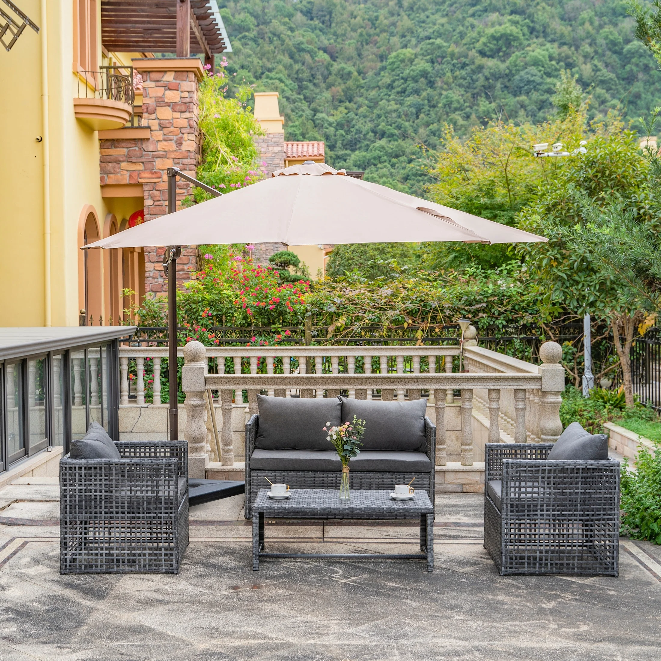 Westin Outdoor Audy Outdoor 4-Piece Cushioned Rattan Patio Furniture Chat Set Gray