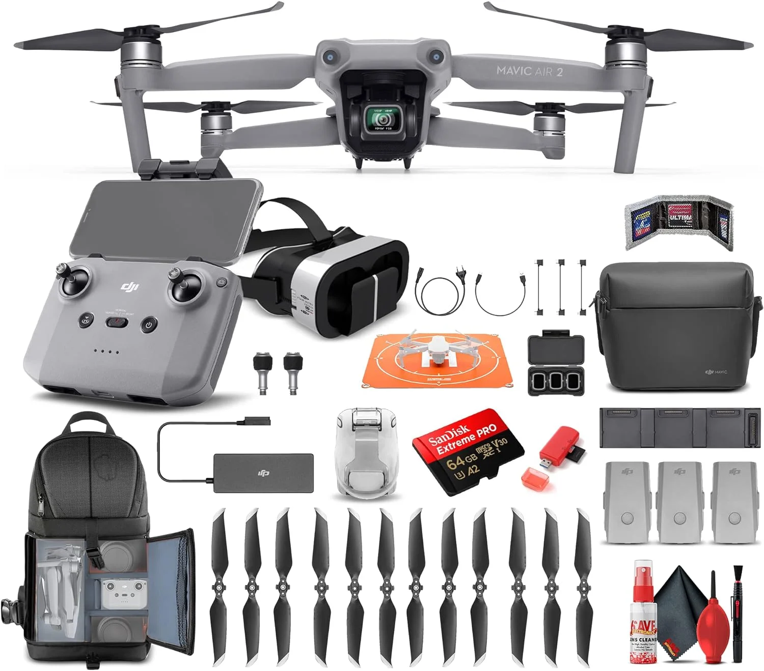 DJI Mavic Air 2 Fly More Combo + 64GB Card + Backpack + VR 3D Goggles + More