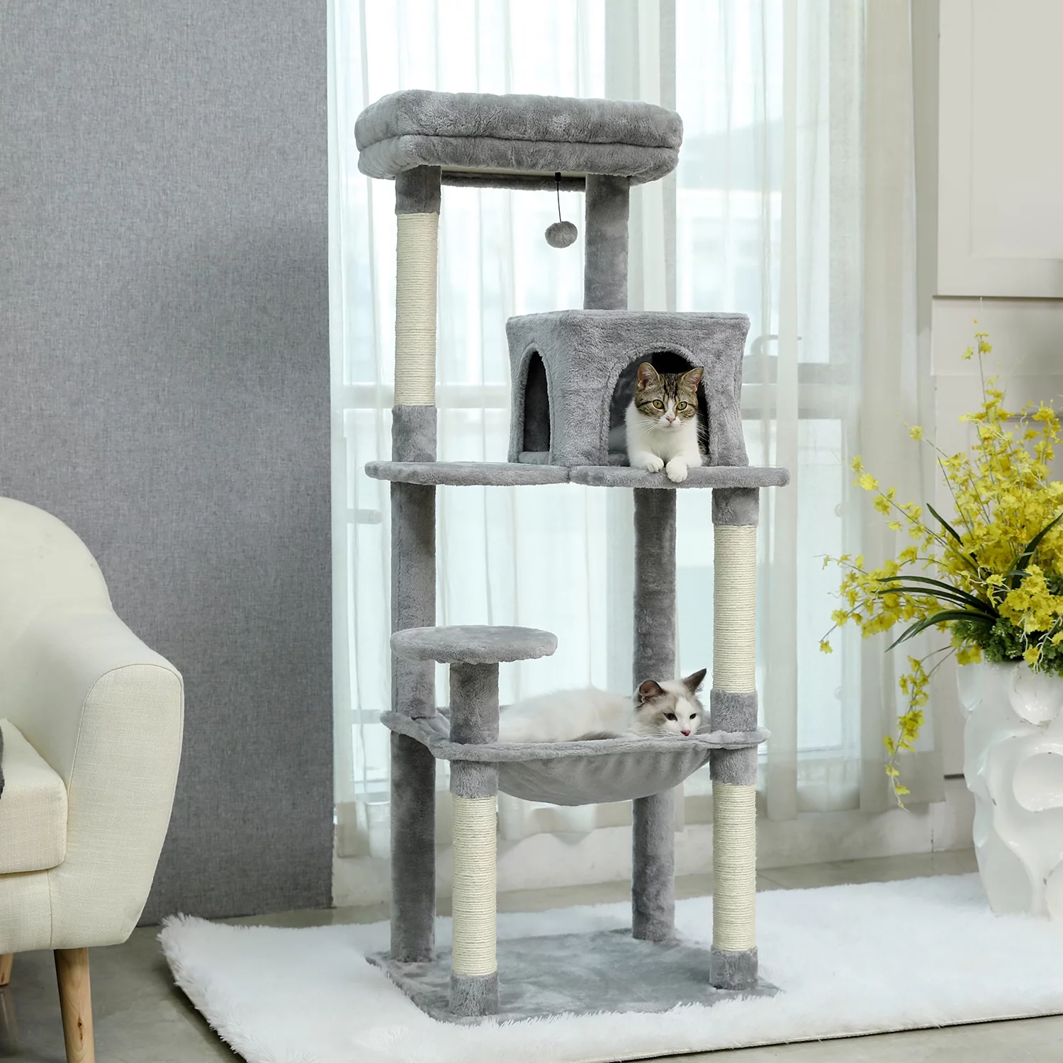 ZephyPaws Cat Tree 56.2” Cat Tower with Sisal Scratching Post ,Cozy Condo, Top Perch, Hammock and Dangling Ball Grey