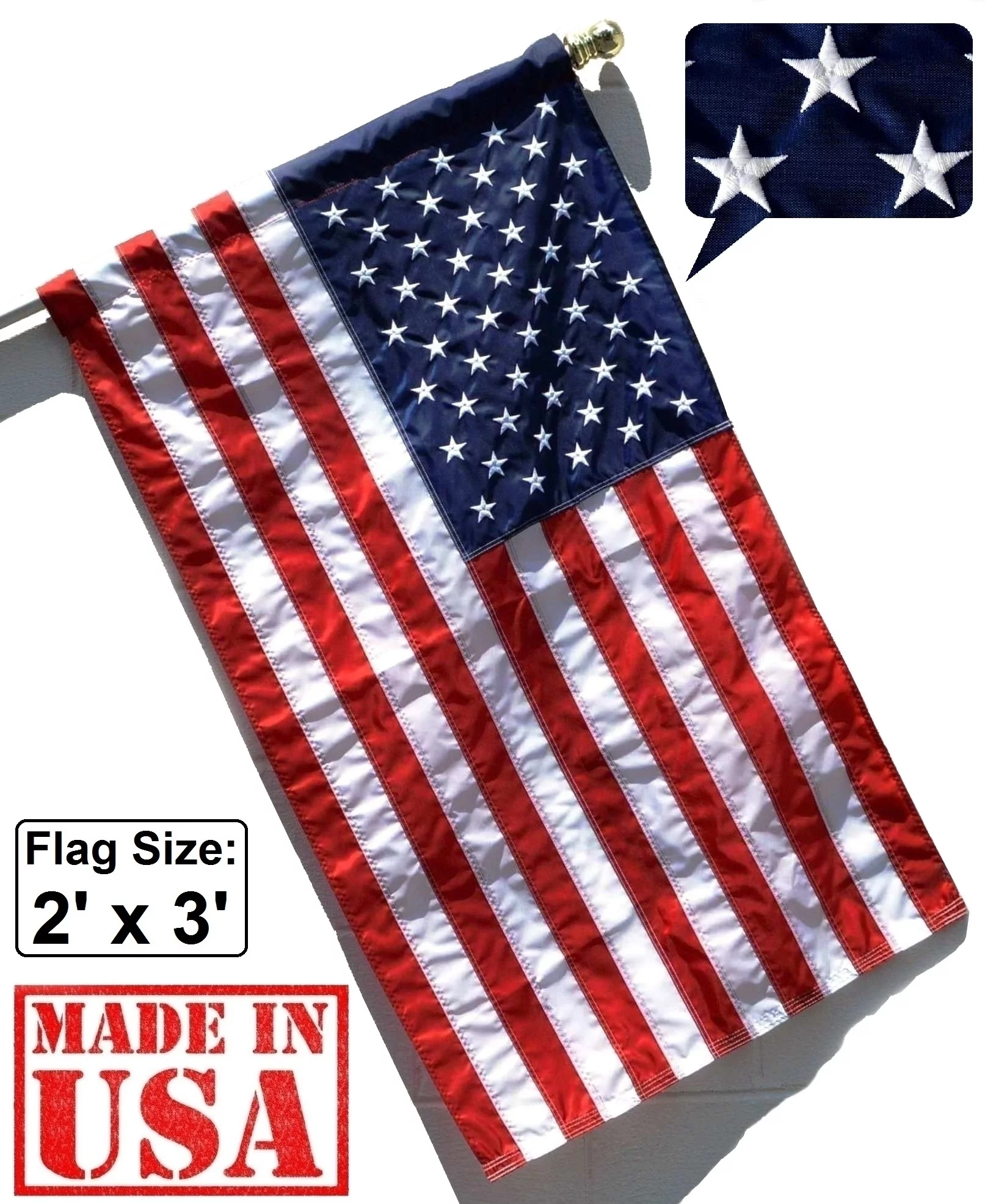 US Flag Factory - 2x3 FT U.S. American Flag (Pole Sleeve) (Embroidered Stars, Sewn Stripes) Outdoor SolarMax Nylon, UV Fading Resistant - Made in America
