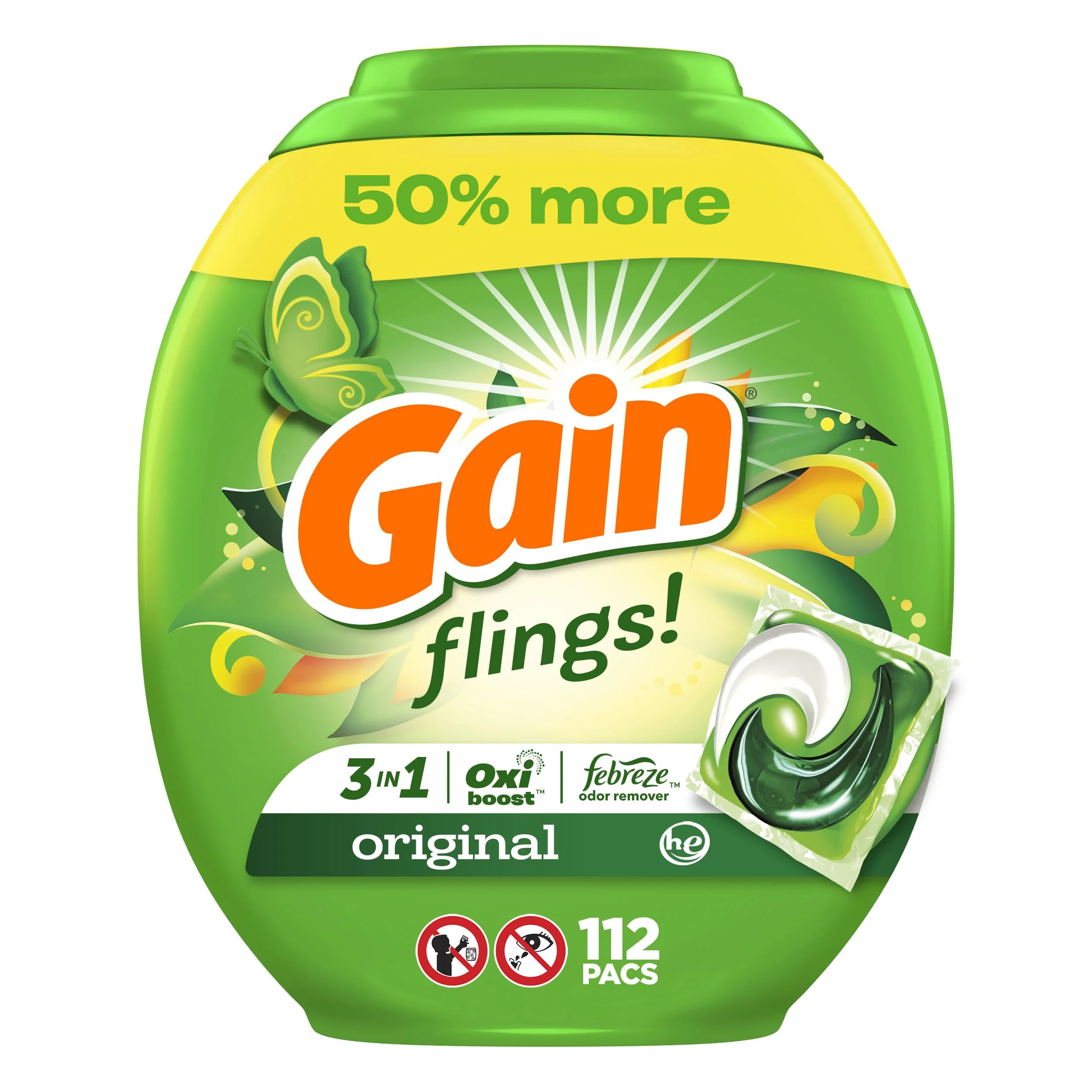 Gain Flings Laundry Detergent Soap Pacs He Compatible 112 Ct Long Lasting Scent Original Scent