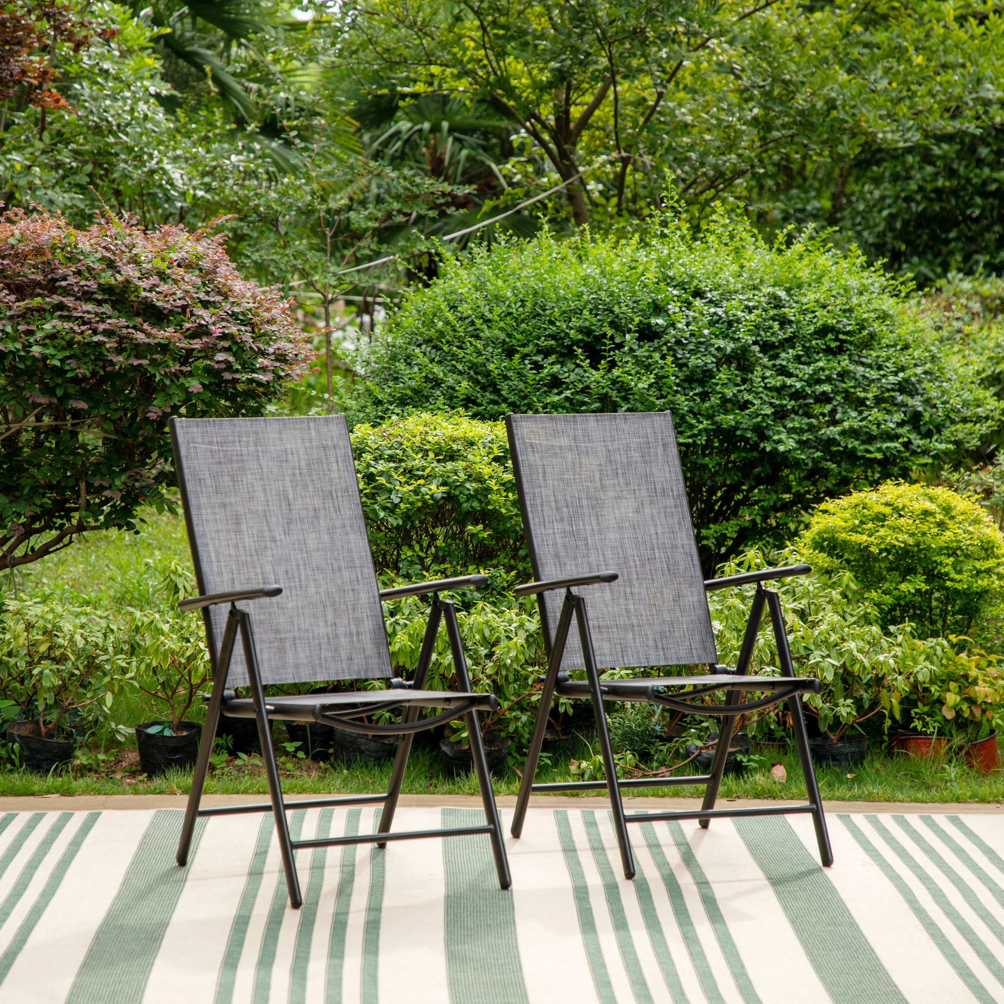 7-Piece Patio Dining Sets Matte Wood-grain Table & Textilene Foldable Chairs Grey