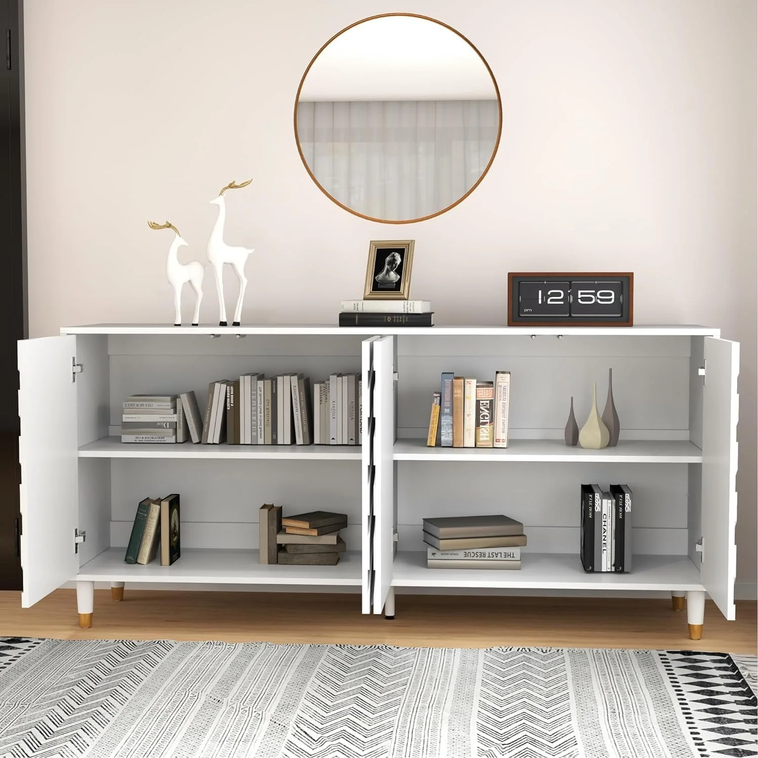 63'' 4 Door Storage Cabinet,Wood Sideboard Buffet Cabinet with Storage with Adjustable Shelves&Handle-Free Coffee Bar Cabinet Server for Kitchen Dining Living Room, White