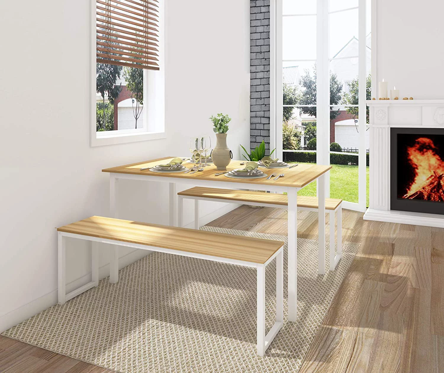 FITUEYES 3-Piece Dining Table Set with 2 Benches, White