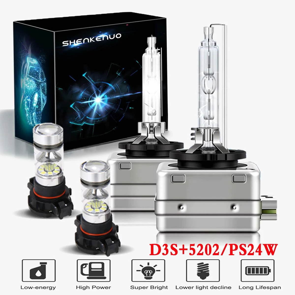 For Ford Mustang 2008-2011 Xenon Headlight Bulbs,D3S LED High Beam and Low Beam and 5202 LED Fog light Bulbs,Pack of 4