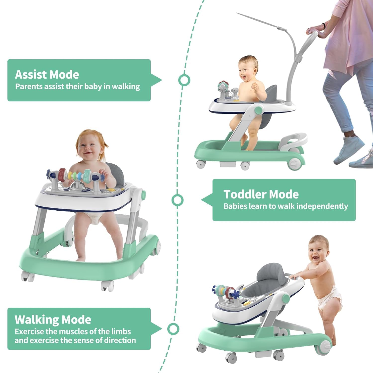 Foldable Baby Walker, Toddler Walker Bouncer, Learning-Seated, Music, Adjustable Height, High Back Padded Seat, Baby Walkers and Activity Center, Baby Walkers for Baby Boys and Baby Girls (Green)