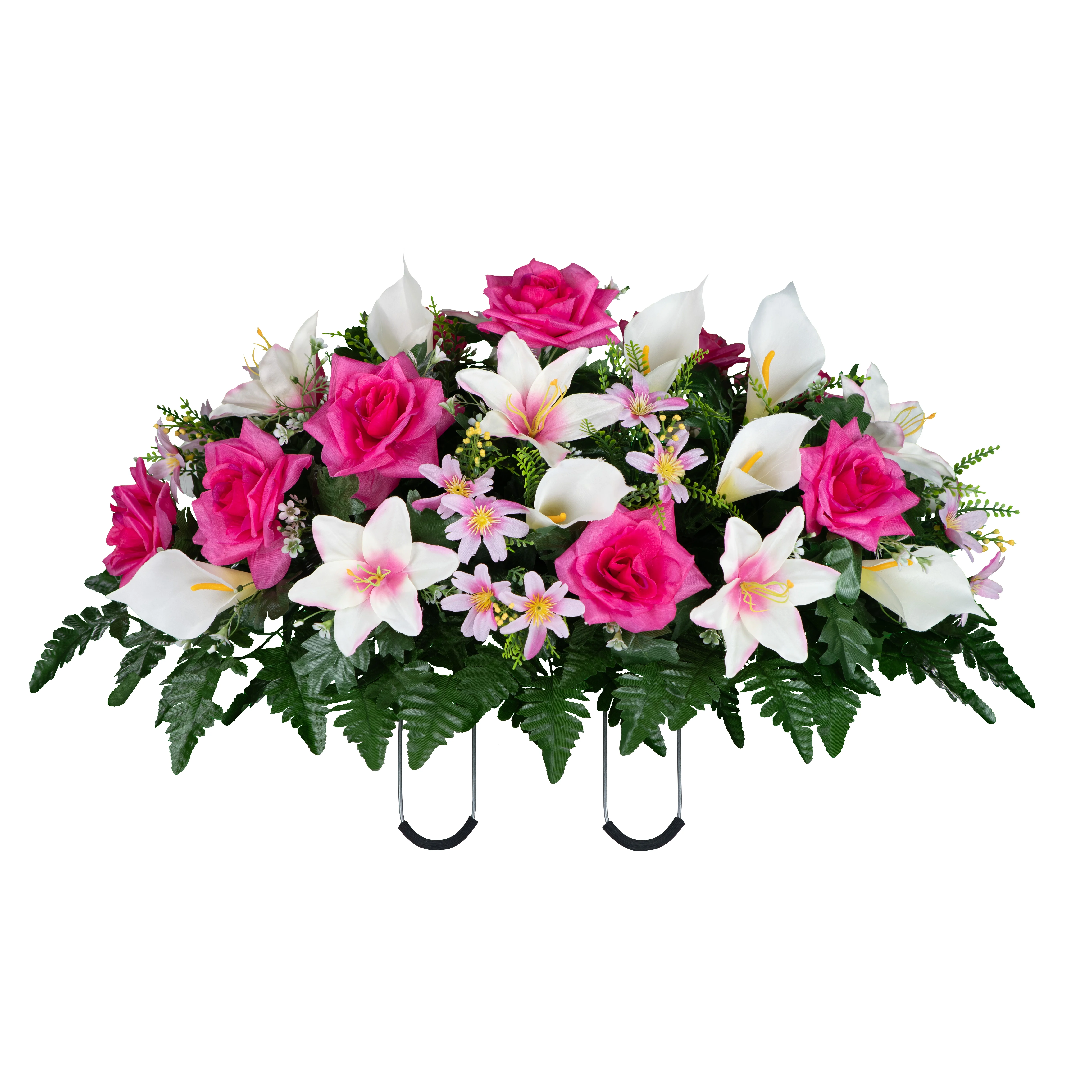 Sympathy Silks Artificial Cemetery Flowers White Calla Lily and Pink Rose Saddle for Headstone