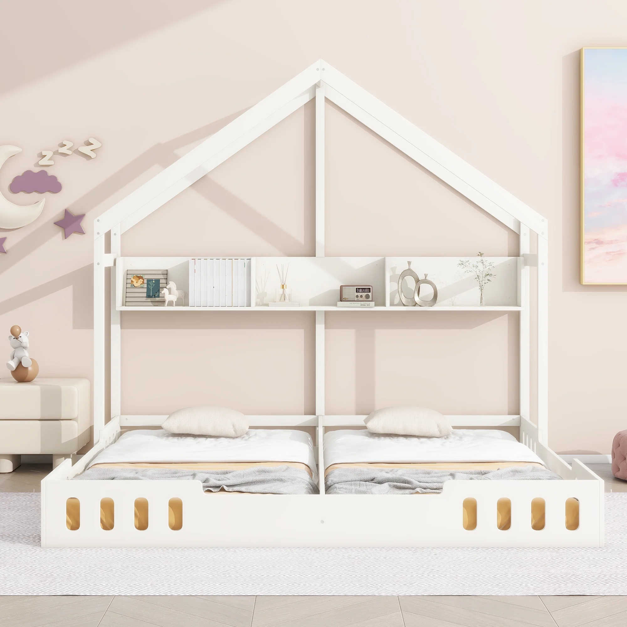 Euroco Wood Twin Size House Bed with Shelf, 2 Platform Beds with Storage for Kids, Creamy White