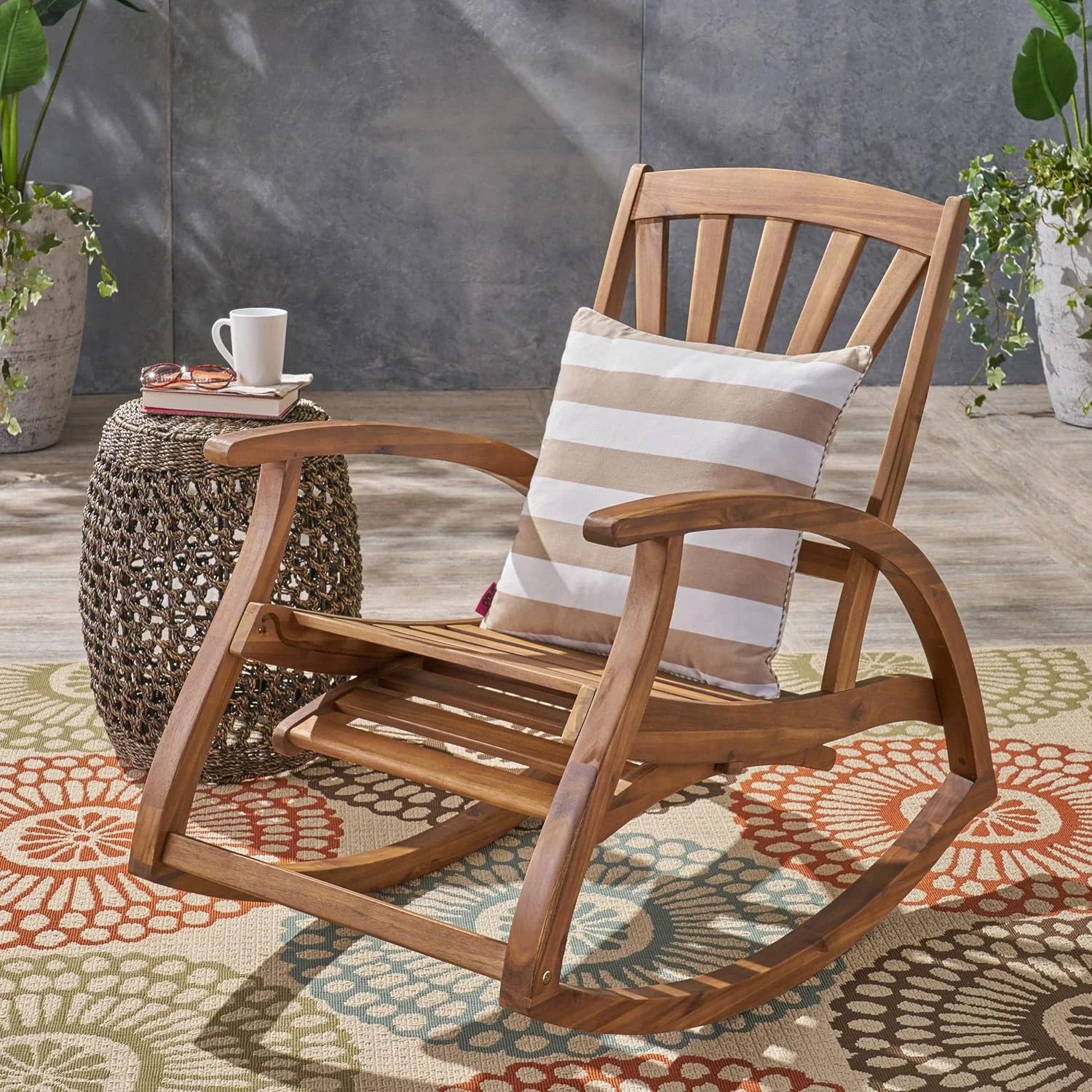 Alva Outdoor Acacia Wood Rocking Chair With Footrest, Teak Finish