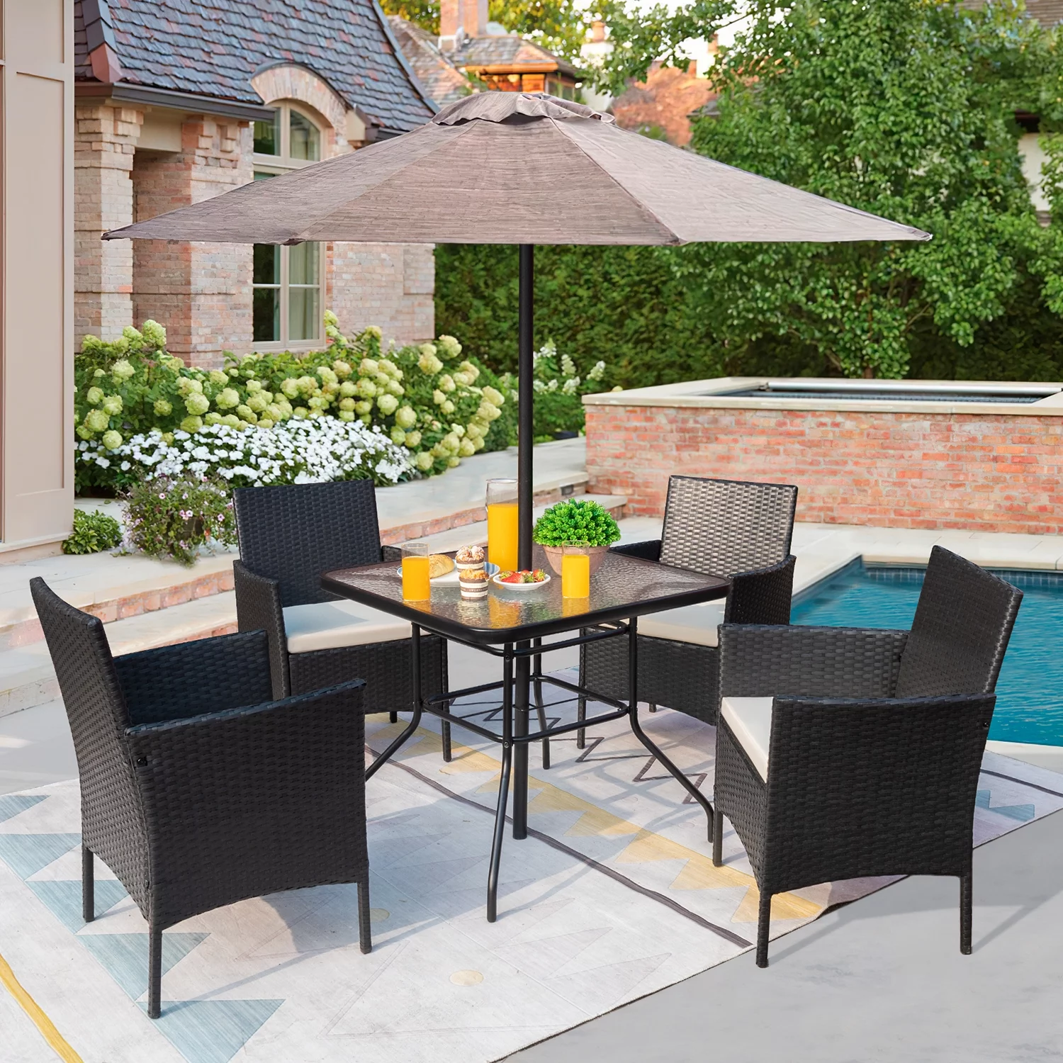 Vineego 5 Piece Patio Conversation Set Wicker Chairs Set with Tempered Glass Table, Beige