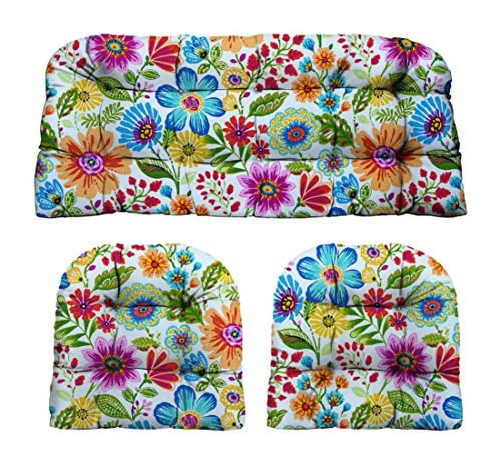 RSH Décor - Indoor / Outdoor 3- Piece Large Tufted Wicker Cushion Set Made with Gregoire Fresco Blue, Pink, Orange & Yellow Fabric