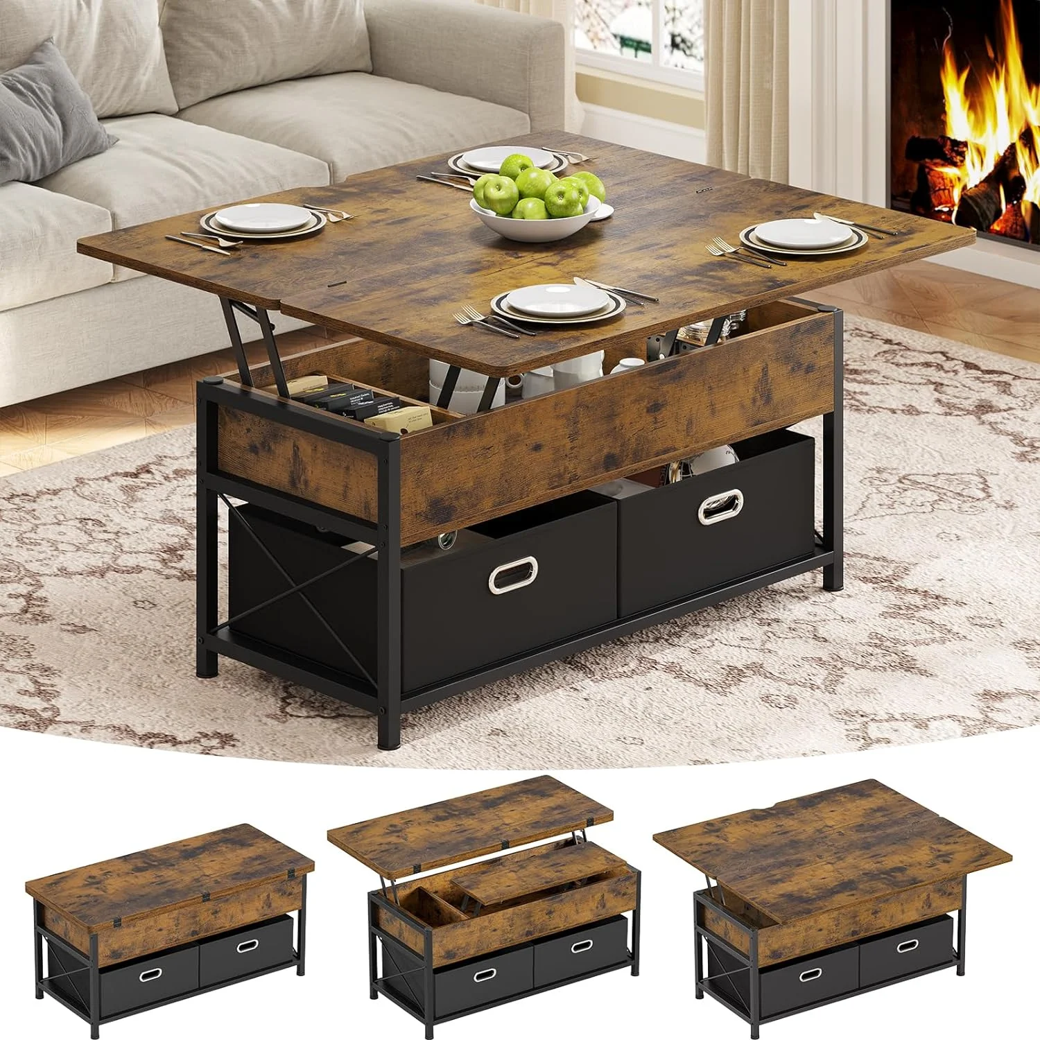Lift Top Coffee Table Convertible Multi-Function Dining Table with 2 Drawers&Storage Compartment for Living Room Reception, 4 in 1, Rustic Brown