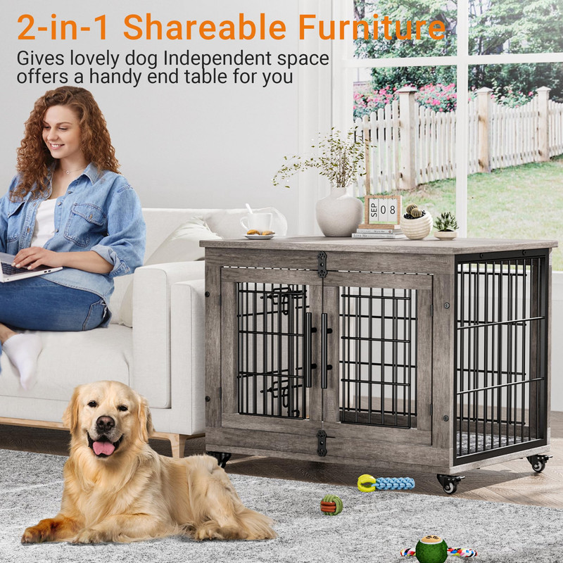 Dog Crate Furniture, Dog Kennel Indoor Double Doors Wooden Dog Cage, 33'' Heavy Duty Dog Crate with Cushion & Wheels, Decorative End Table Pet House Chew-Resistant for Medium/Small Dog, Grey