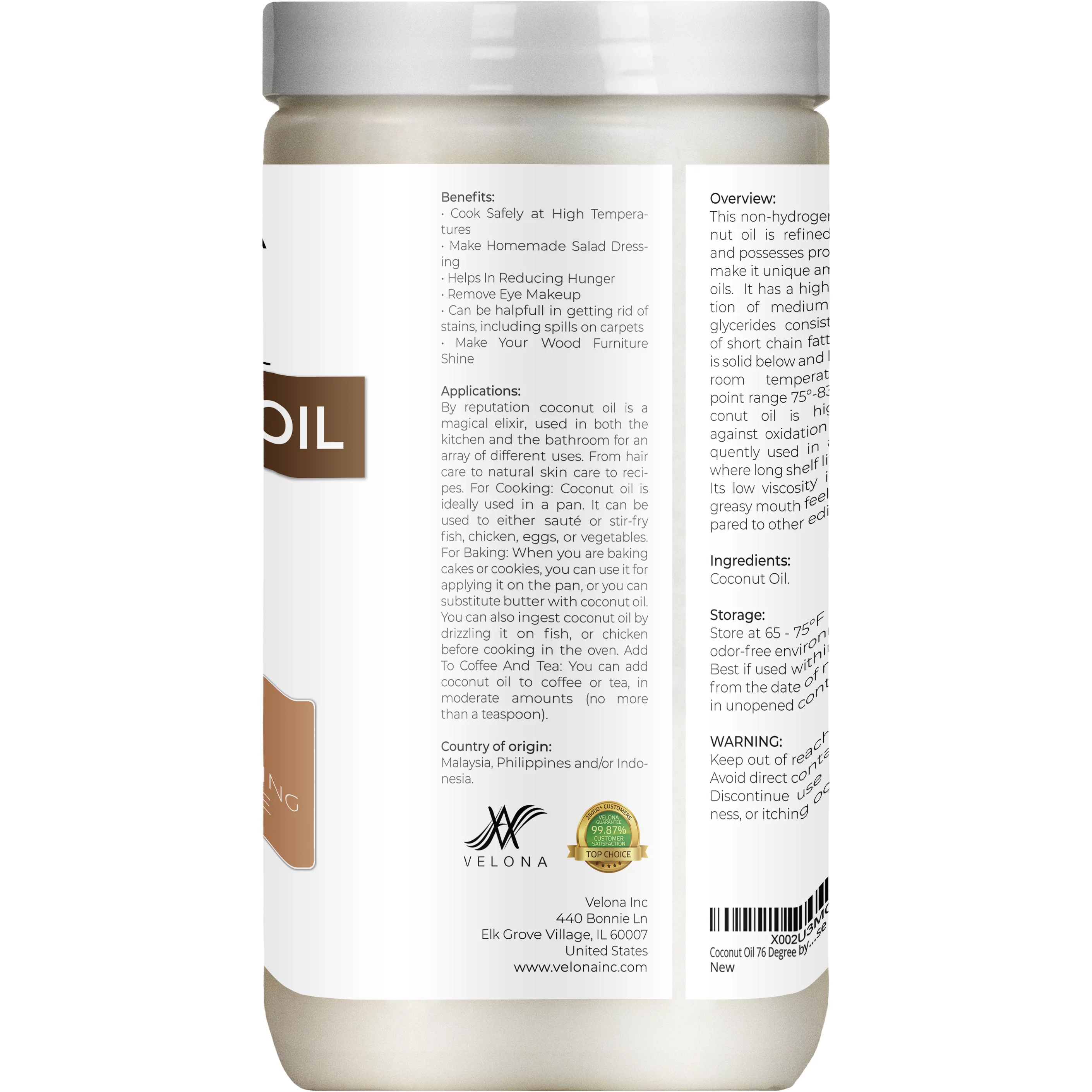 Velona Coconut Oil 76 Degree - 64 oz | 100% Pure and Natural Carrier Oil | in jar | Refined, Cold pressed | Skin, Face, Body, Hair Care