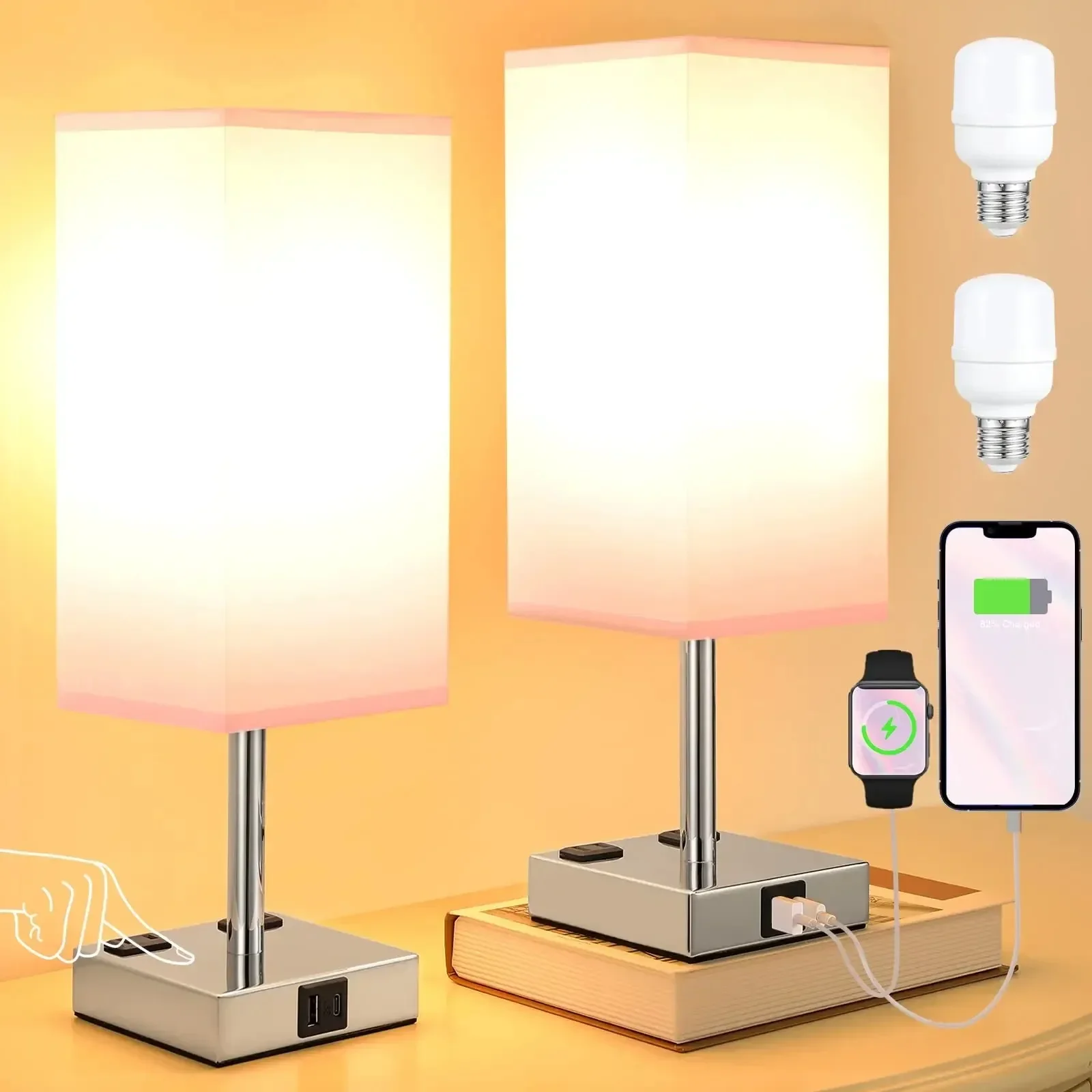 Led Table Lamp for Bedroom Touch Control Bedside Lights with USB-C+A Port Usb Rechargeable Lamp Book Reading Lamp Home-appliance