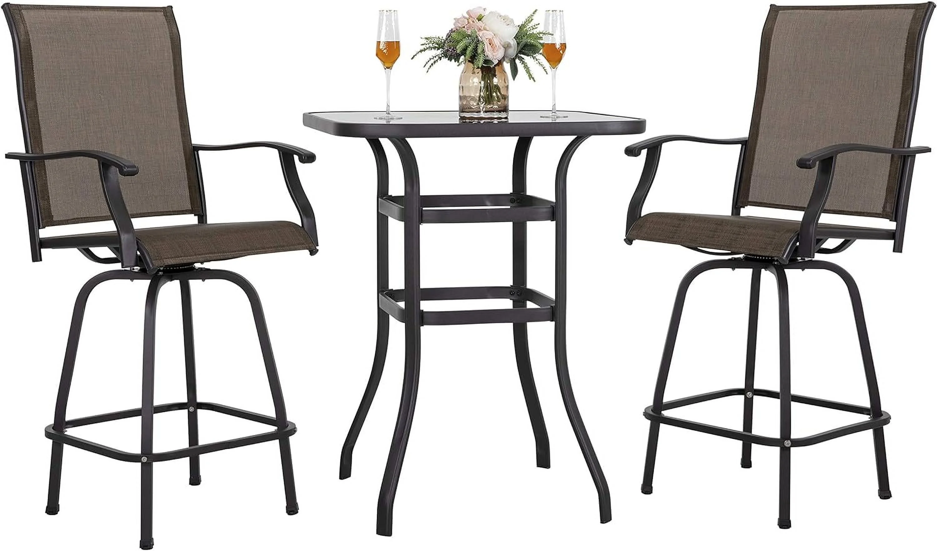 3 Piece Patio Bar Set, Textilene Bar Stools Set, All Weather Outdoor Swivel Bar Stools Chair Set Of 2, High Stools Set With Tempered Glass Table For Lawn, Patio, Brown