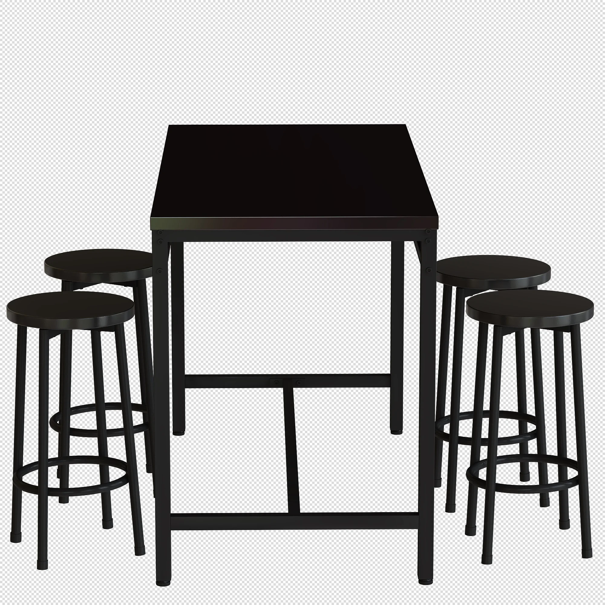 Dcenta 5-piece rural kitchen table with four bar stools, metal frame and MDF, black