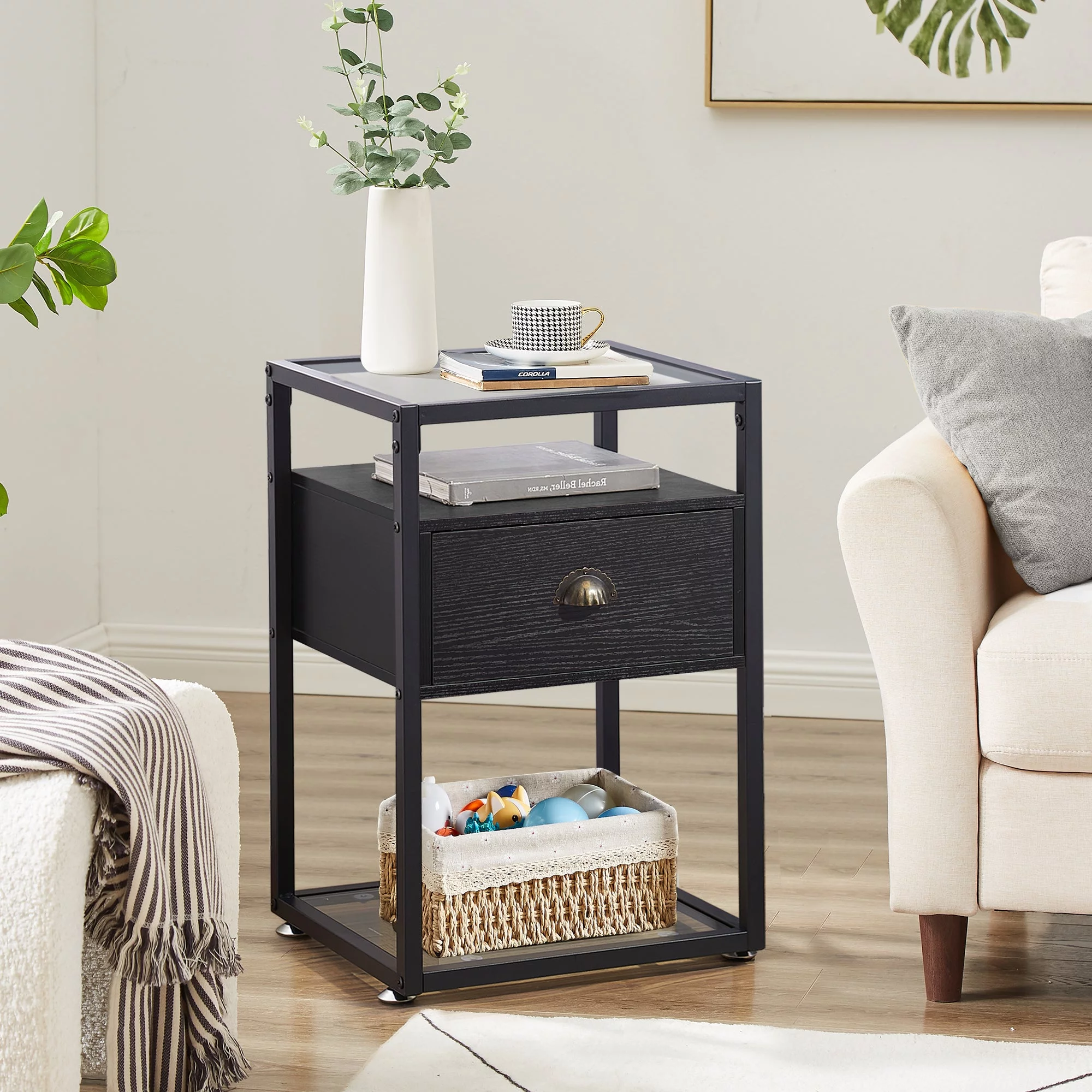 Javlergo Glass Top End Tables Nightstands with Drawer and Bottom Shelf for Living Room,Bedroom,Lounge, Black