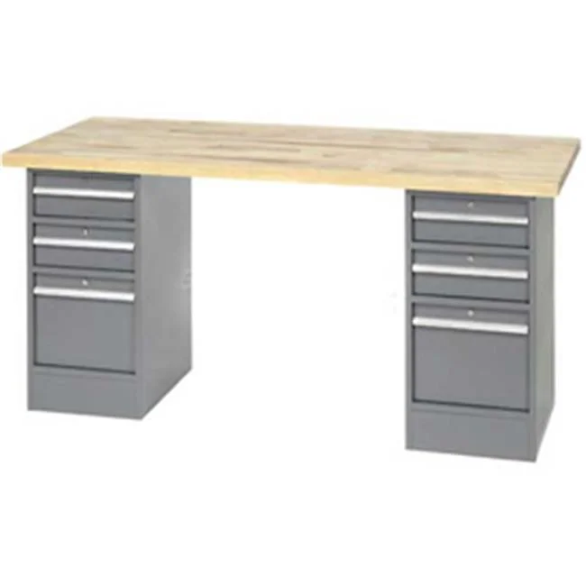96 x 30 in. Pedestal Workbench with 6 Drawers - Maple Butcher Block Square Edge - Gray