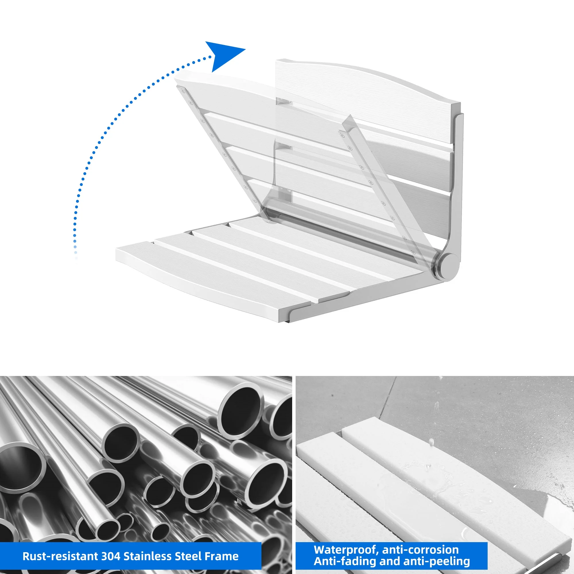 Dextrus Folding Wall Mount Shower Bench Seat, Folding Shower Chair, Waterproof Shower Bench Versatile Seat - White