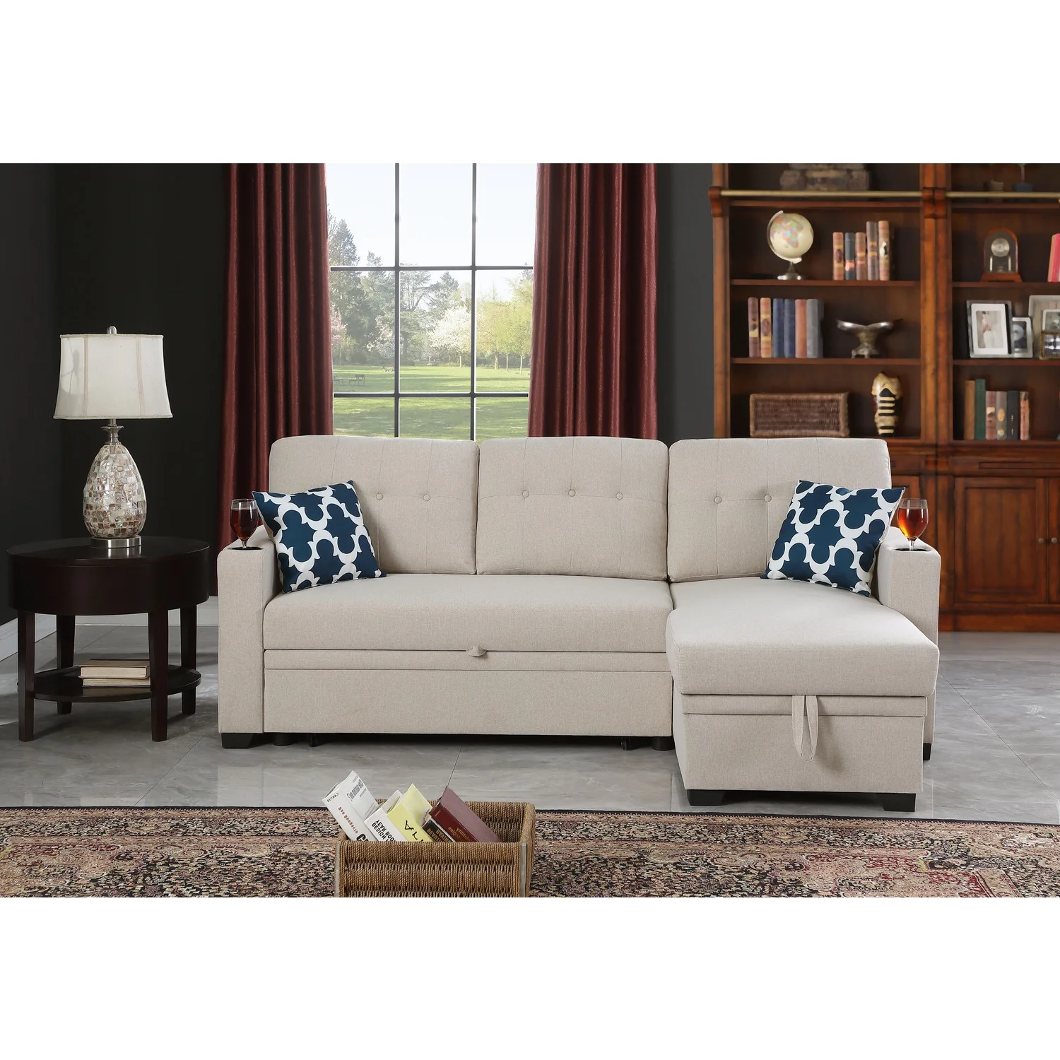 Devion Furniture Reversible Fabric Sleeper Sofa Bed & Chaise with Cup Holder-Beige