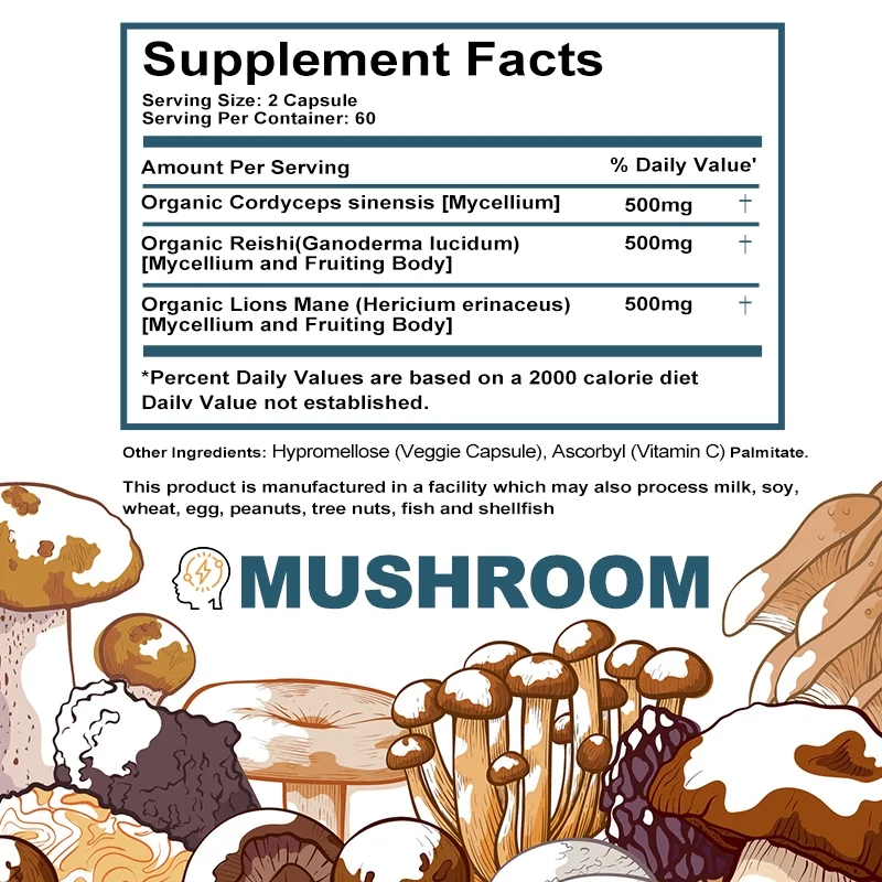 Mushroom Supplement 1500mg, 60 Capsules - Lions Mane, Reishi, Cordyceps Complex - Brain, Energy, Focus Support