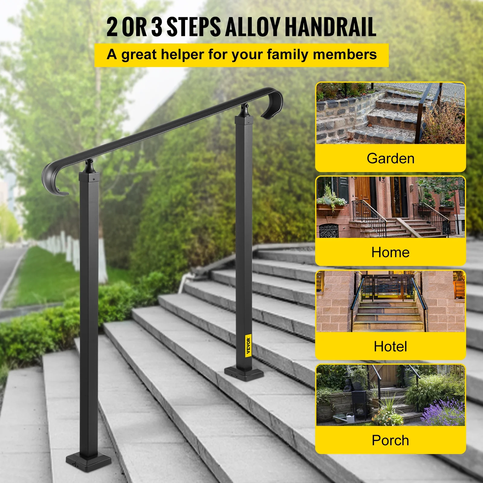 VEVOR Handrail for Stairs Outdoor Stair Railing Fit 2 or 3 Steps with Installation Kit, Alloy Metal Hand Railing, Black