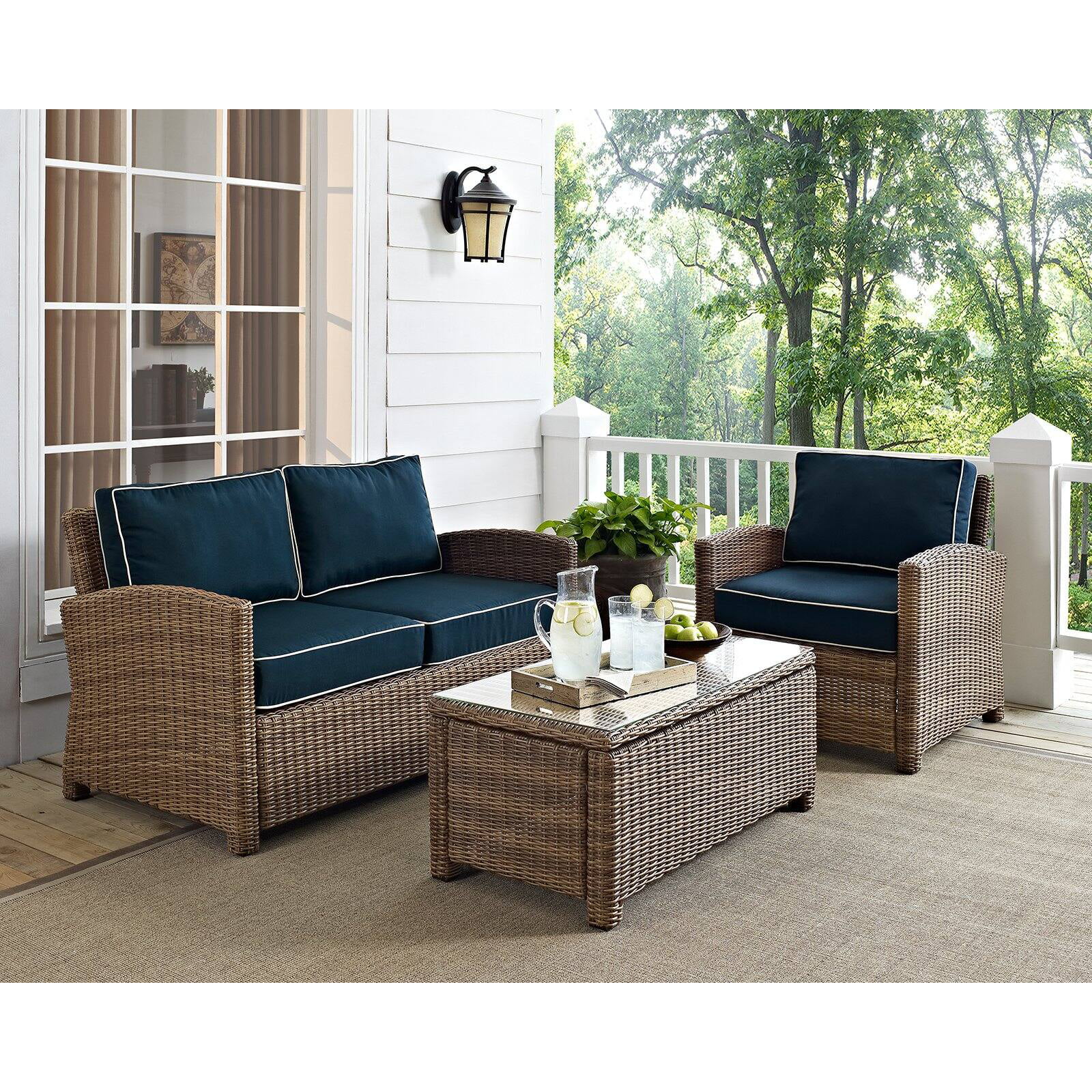 Crosley Furniture Bradenton 3 Piece Fabric Patio Sofa Set in Brown and Navy