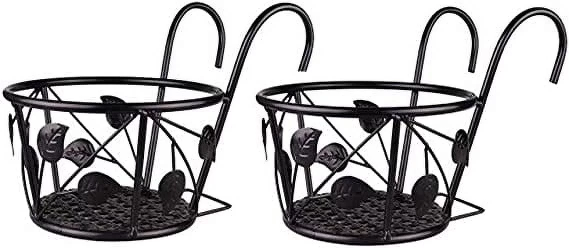Namzi Hanging Railing Planter Iron Art Hanging Baskets Flower Pot Holder Hanger Over The Metal Fence Rail for Patio Balcony Porch or Fence Planters Assemble (Leaf, 2pcs Black)