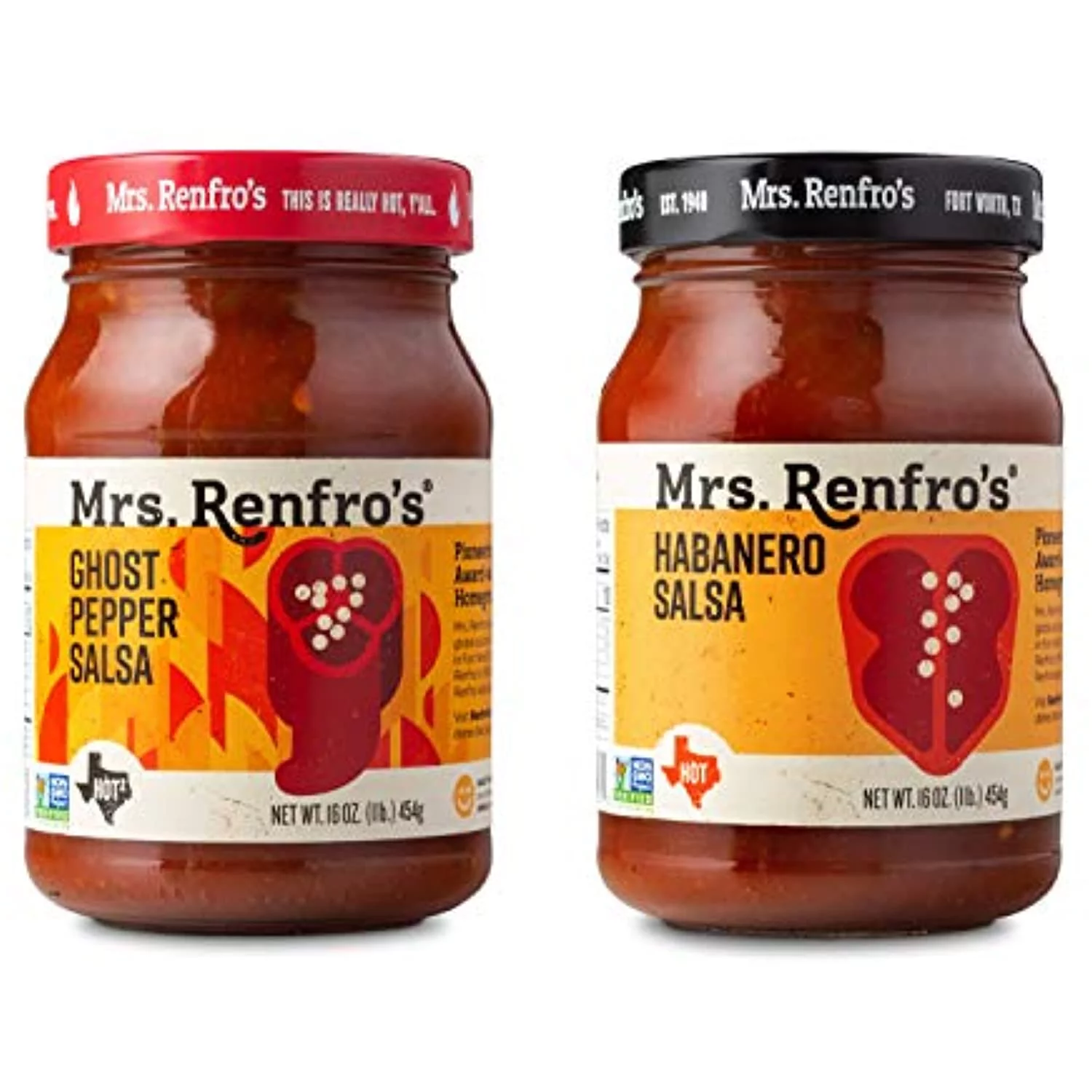 Mrs. Renfros Salsa Hot Variety Pack Habanero, Ghost Pepper (16-Oz. Jars, 2-Pack)