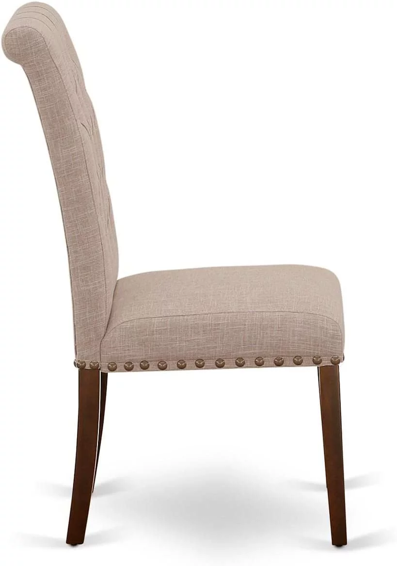 BRP3T04 Parson Dining Room Button Tufted Nailhead Trim Light Tan Linen Fabric Padded Chairs, Set Of 2, Mahogany