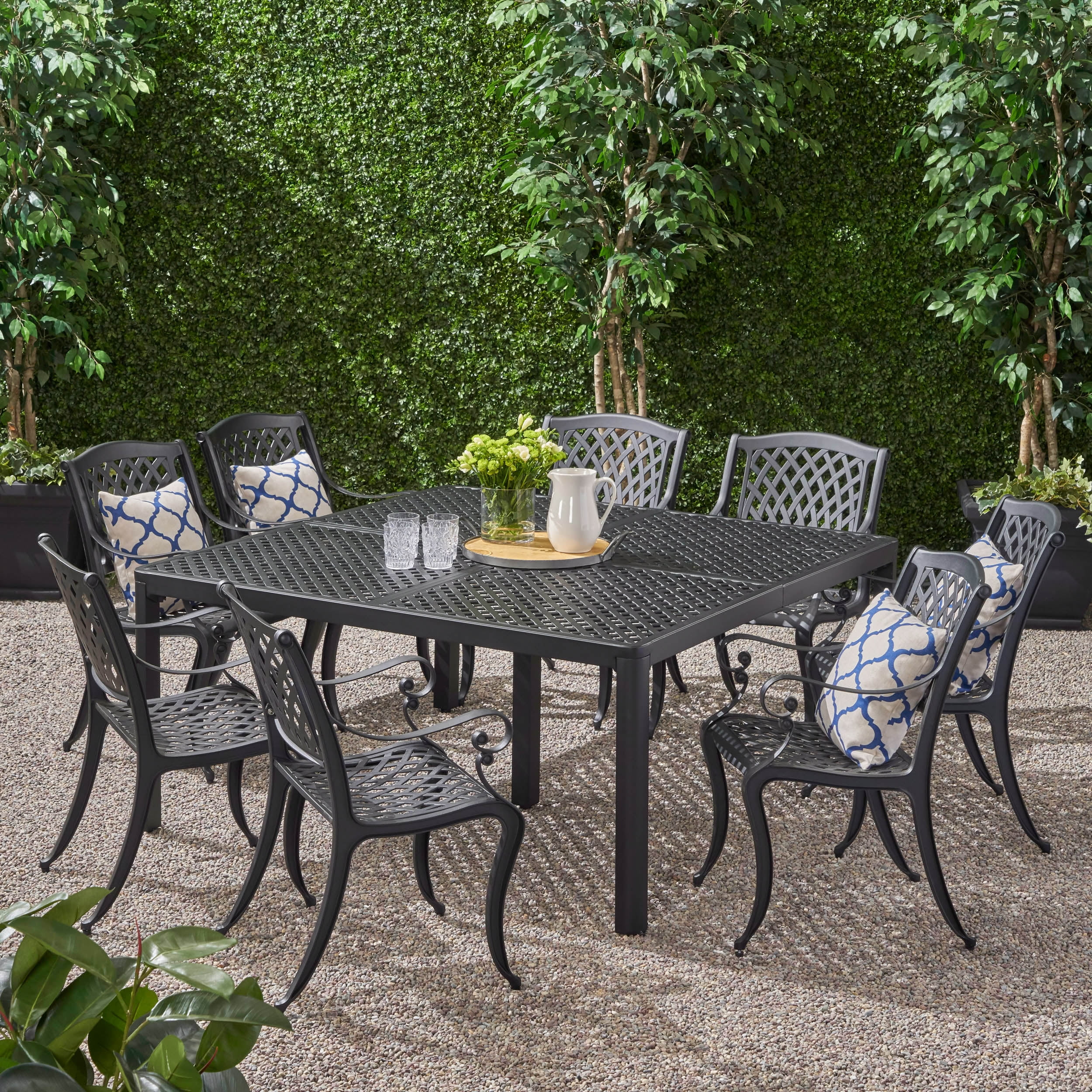 Freda Outdoor Aluminum 8 Seater Dining Set, Antique Matte Black