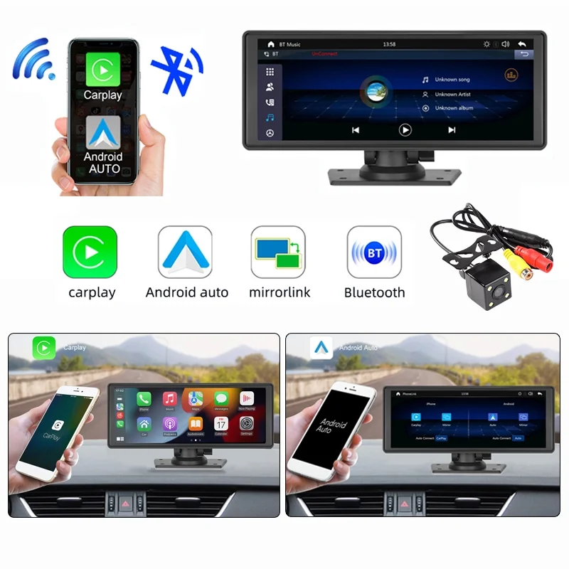 Portable Wireless Carplay&Android Auto Car Stereo,Newest 9.3 Inch Touch Screen Car Stereo with Bluetooth/FM Synchronization/Rear Camera Navigation Unit Player with Bluetooth FM Transmitter,AUX, TF