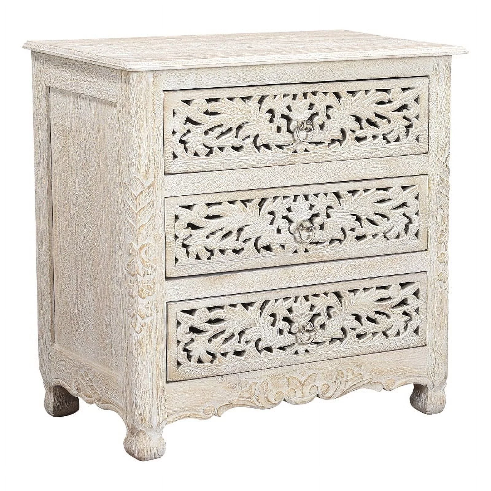 Taran Designs Monte 3-drawer Floral Carved Solid Wood Nightstand in White